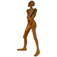 Vintage Sculpture in Bronze 'Compass', Standing Man with Brown Patina