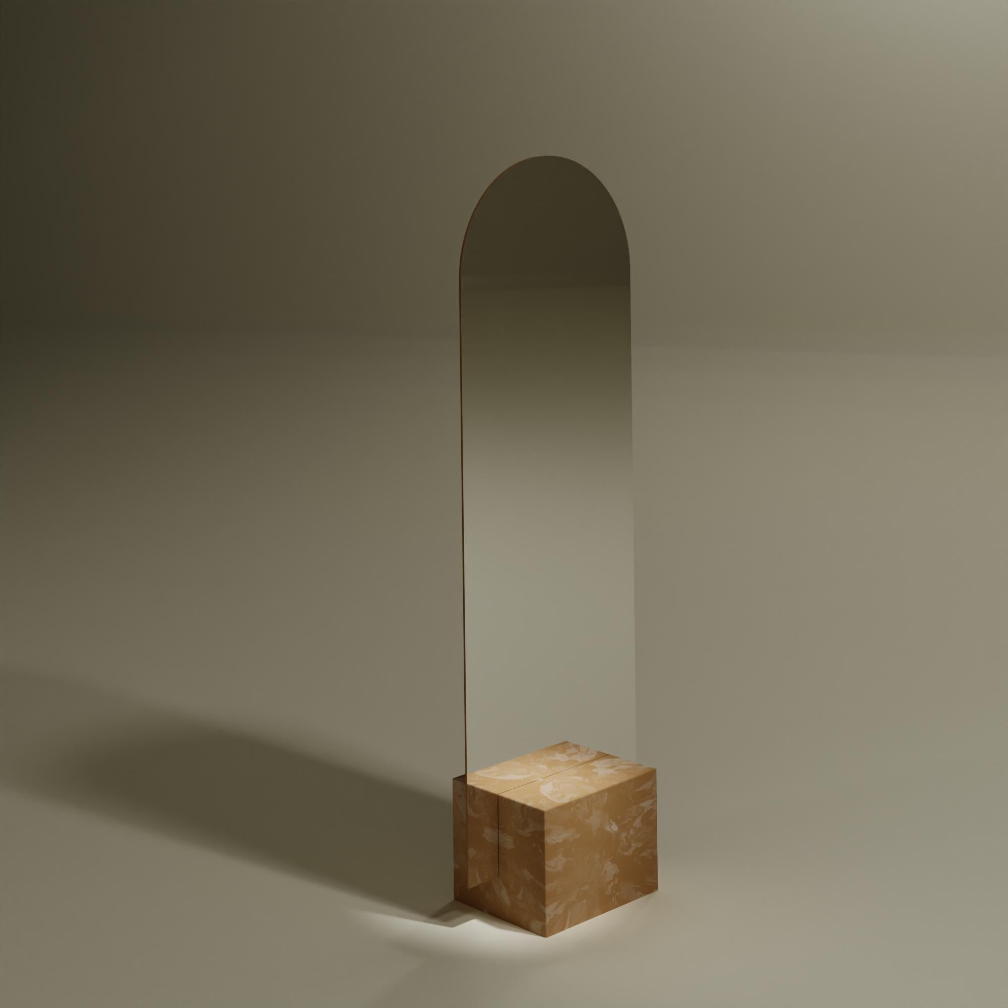 Contemporary standing mirror handcrafted from 100% Recycled Plastic by Anqa Studios / Iced Coffee Brown
With its stone-like bottom and the fragile seeming top part Silhouette, the ANQA Moonrise mirror is a modern confluence of both art and function.