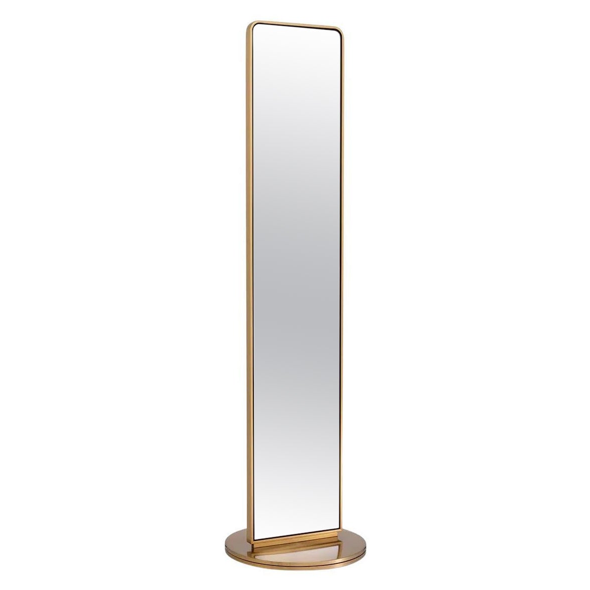 Specchio a stelo, finitura ottone spazzolato, specchio bifacciale. in vendita