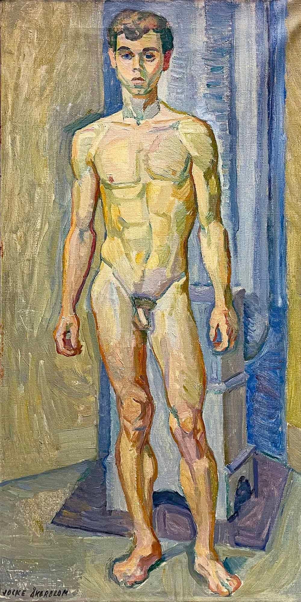 Boldly painted in an expressionist palette that calls to mind the work of Edvard Munch and other Nordic painters who were in the artistic vanguard of the 20th century, this depiction of a standing male nude was made by Jocke Åkerblom in Sweden.  The