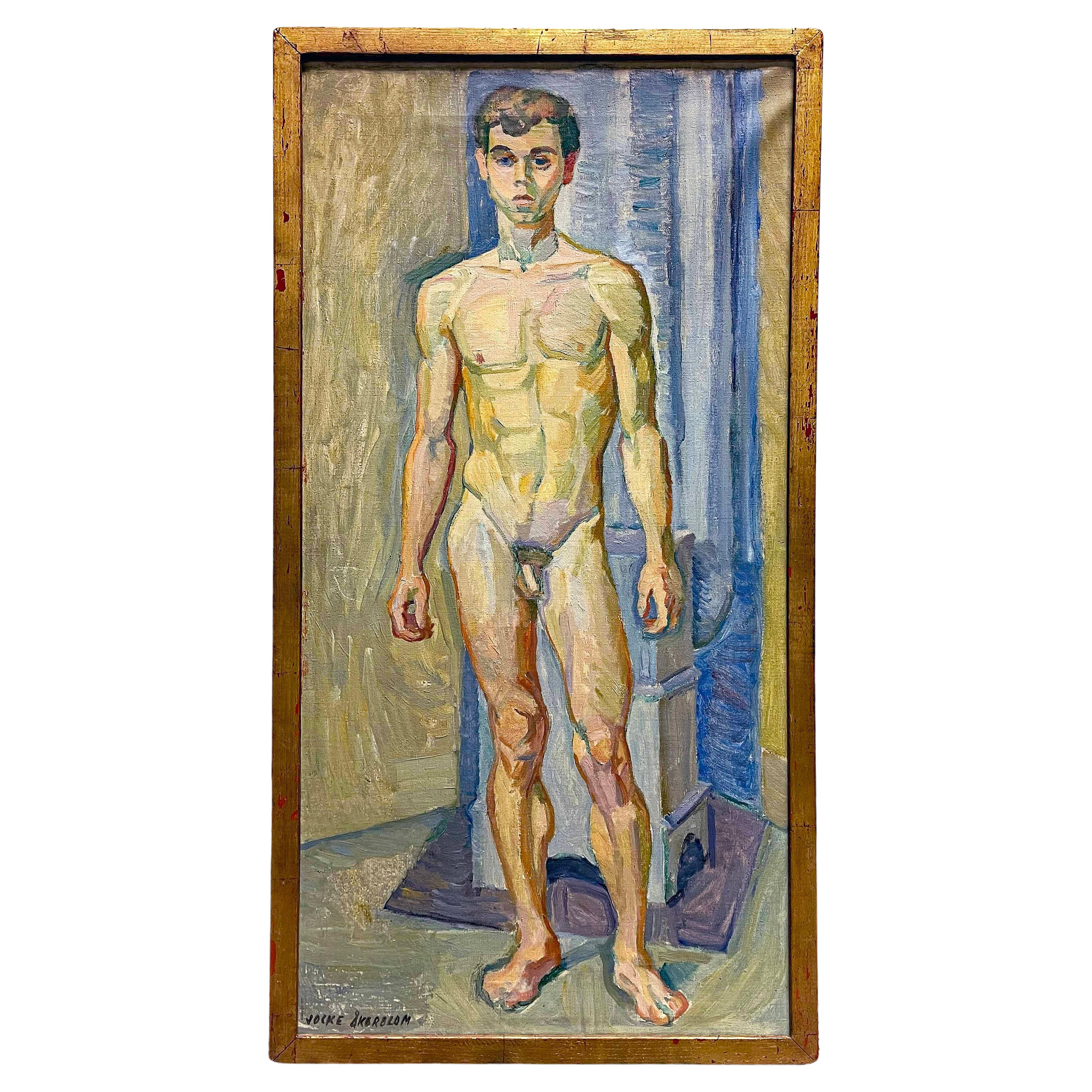 "Standing Model", Male Nude Painting in Blue by Åkerblom, Oil on Canvas, Sweden For Sale