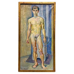 "Stand Model", peinture de nu masculin en bleu par Åkerblom, huile sur toile, Suède
