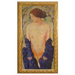 Standing Nude with Blue Robe, Hand-Painted, Biedermeier, Austria