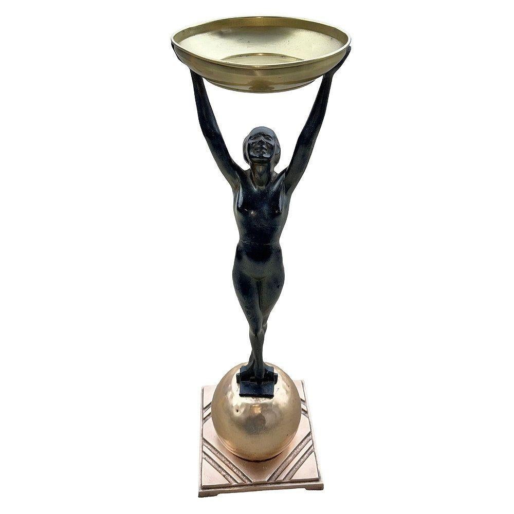 Standing Nude on Ball Art Deco Sculptural Smoke Stand Model T330 by Frankart in vendita 4