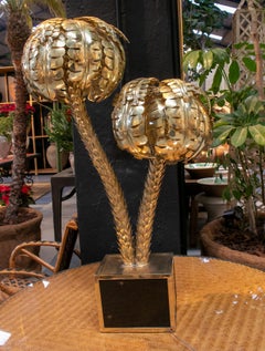 Standing Polished Golden Brass Twin Palm Lamp with a Square Base