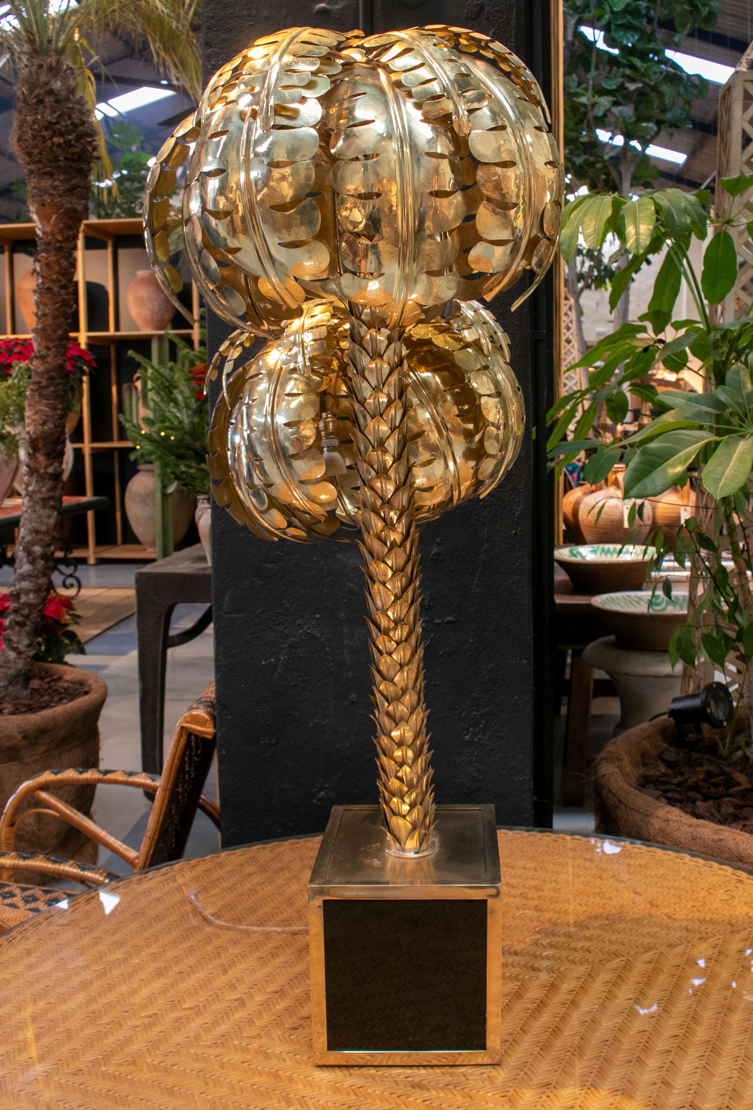 Contemporary Standing Polished Golden Brass Twin Palm Lamp with a Square Base
