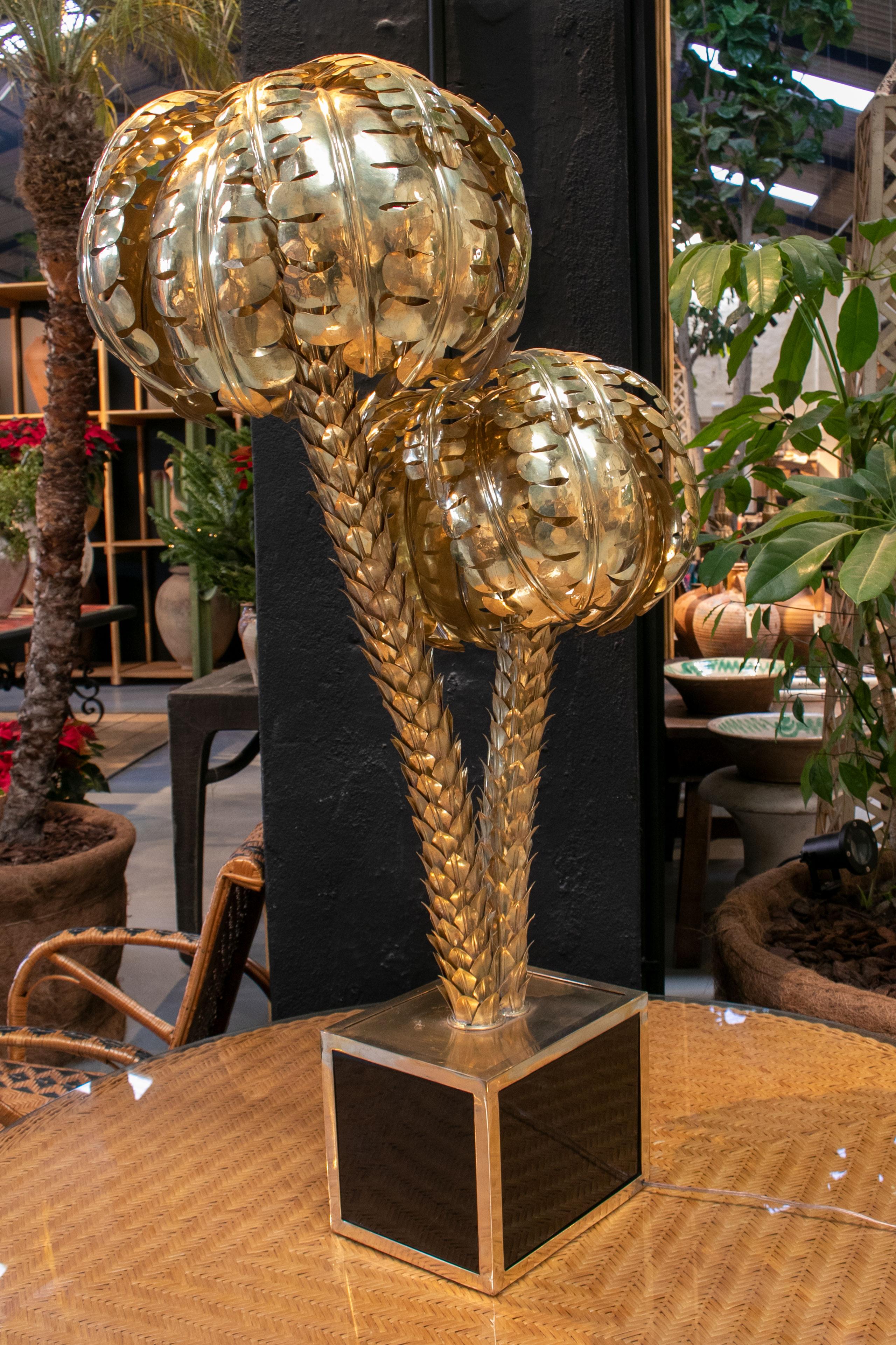 Bronze Standing Polished Golden Brass Twin Palm Lamp with a Square Base