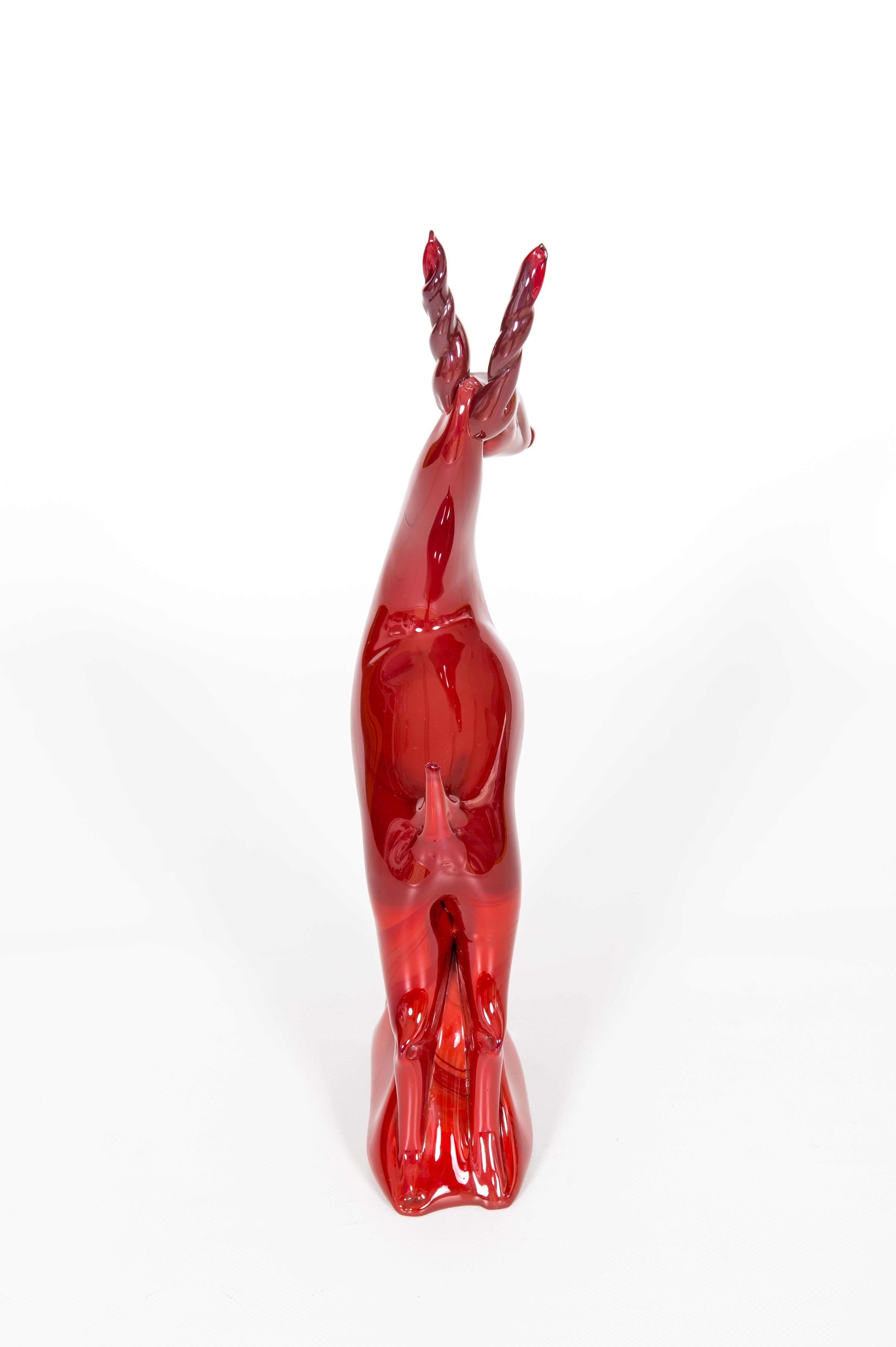 Blown Glass Standing Ruby Red Deer in Blown Murano Glass with Red Shades Venice Italy 1990s For Sale
