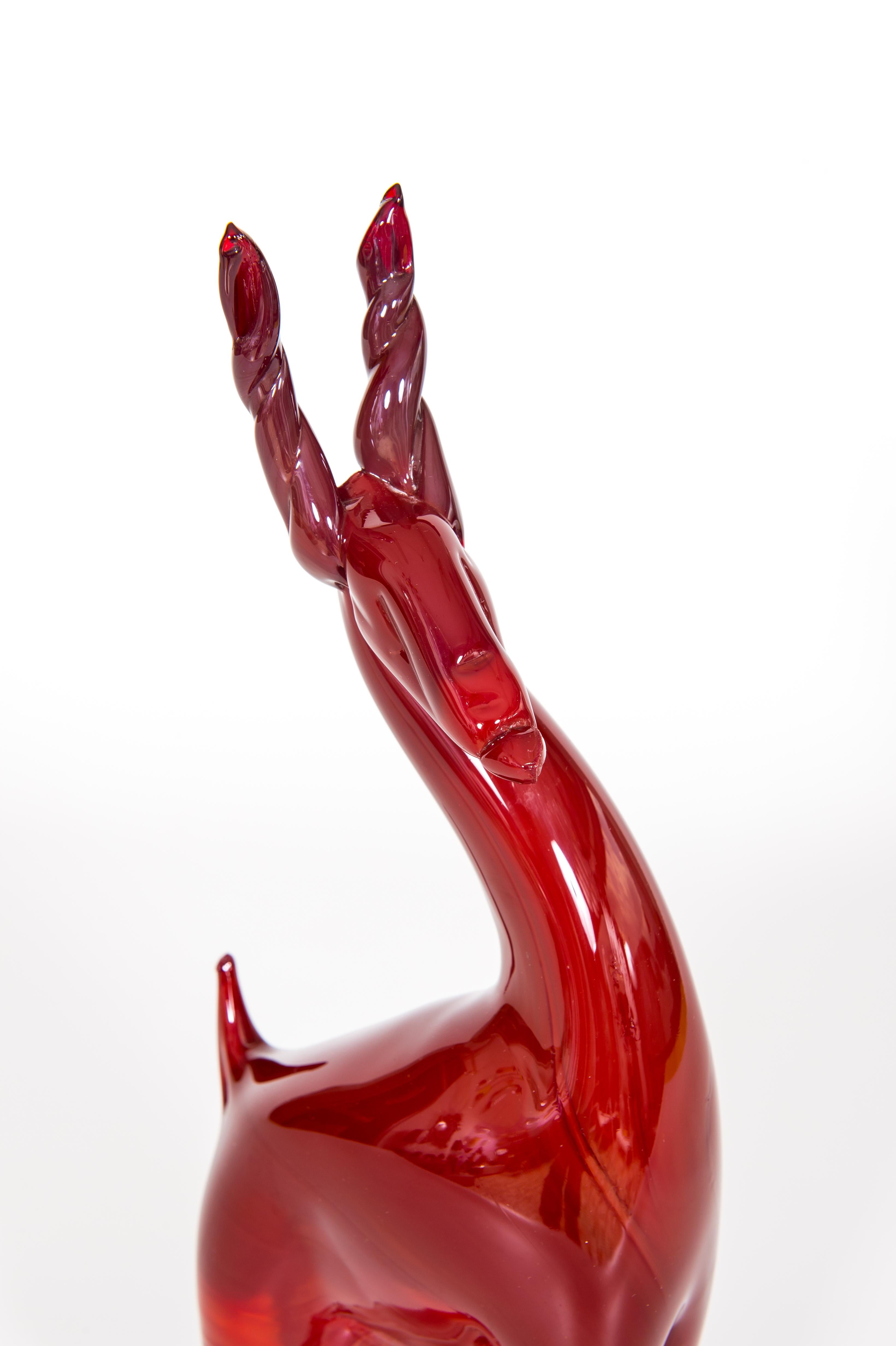 Italian Standing Ruby Red Deer in Blown Murano Glass with Red Shades Venice Italy 1990s For Sale