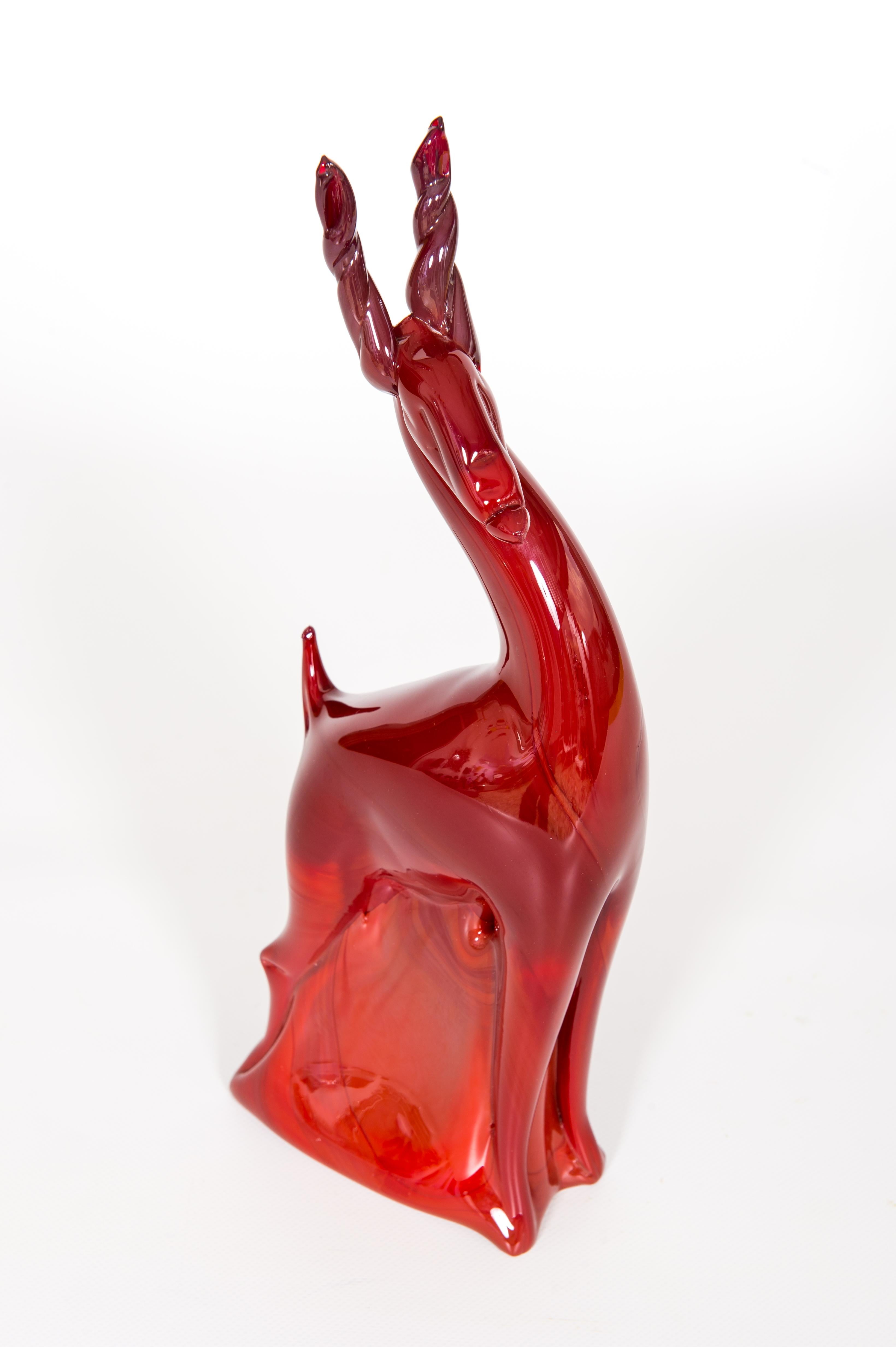 Hand-Crafted Standing Ruby Red Deer in Blown Murano Glass with Red Shades Venice Italy 1990s For Sale