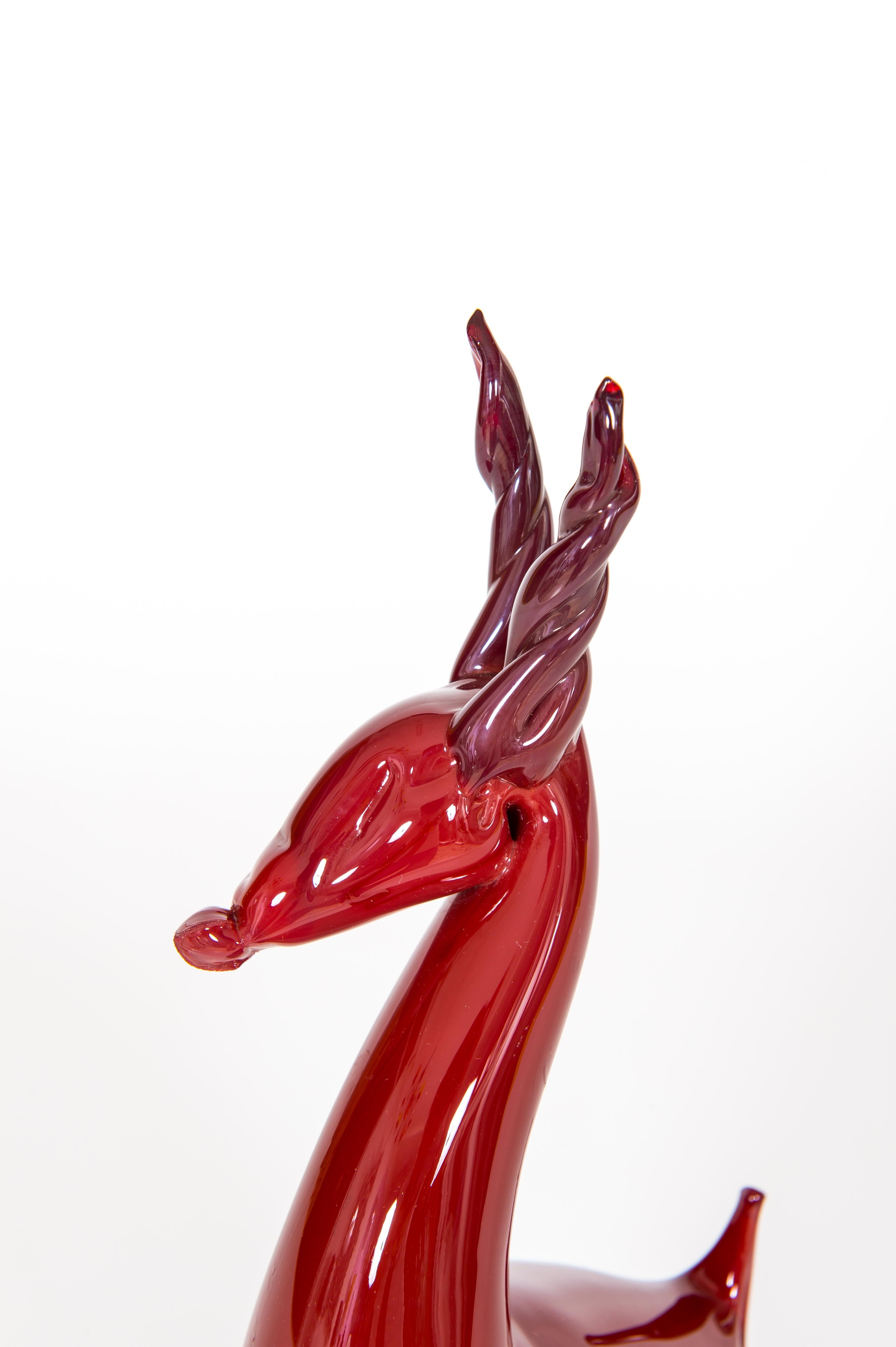 Late 20th Century Standing Ruby Red Deer in Blown Murano Glass with Red Shades Venice Italy 1990s For Sale