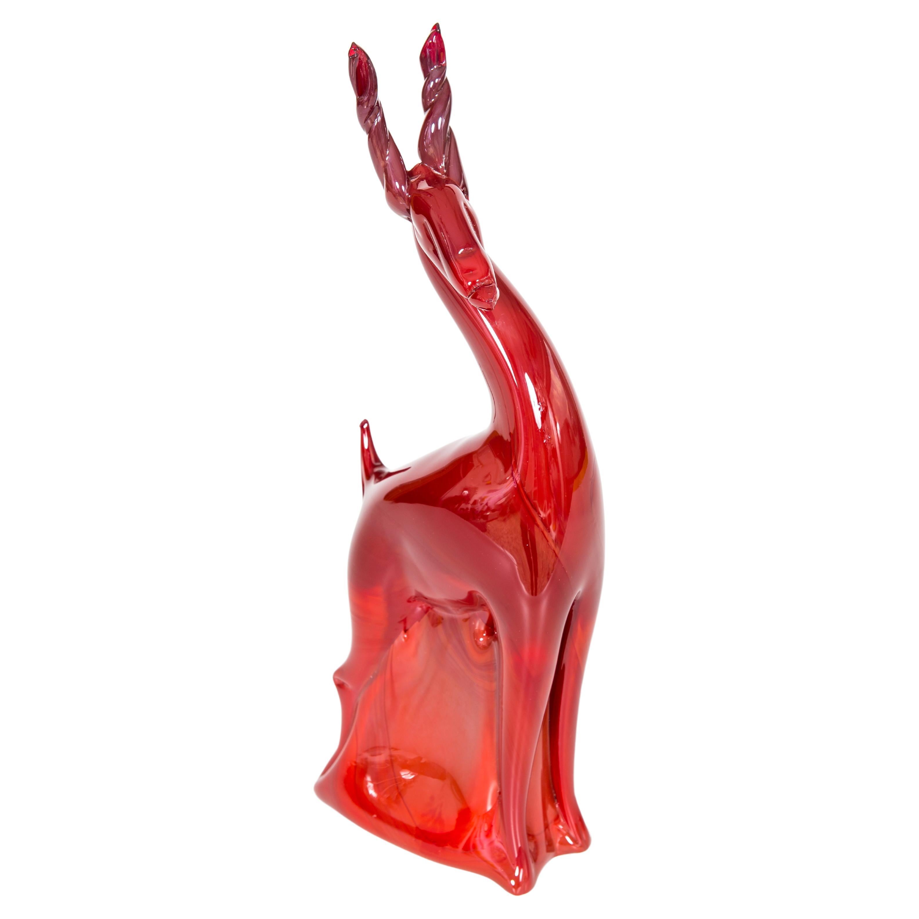 Standing Ruby Red Deer in Blown Murano Glass with Red Shades Venice Italy 1990s For Sale