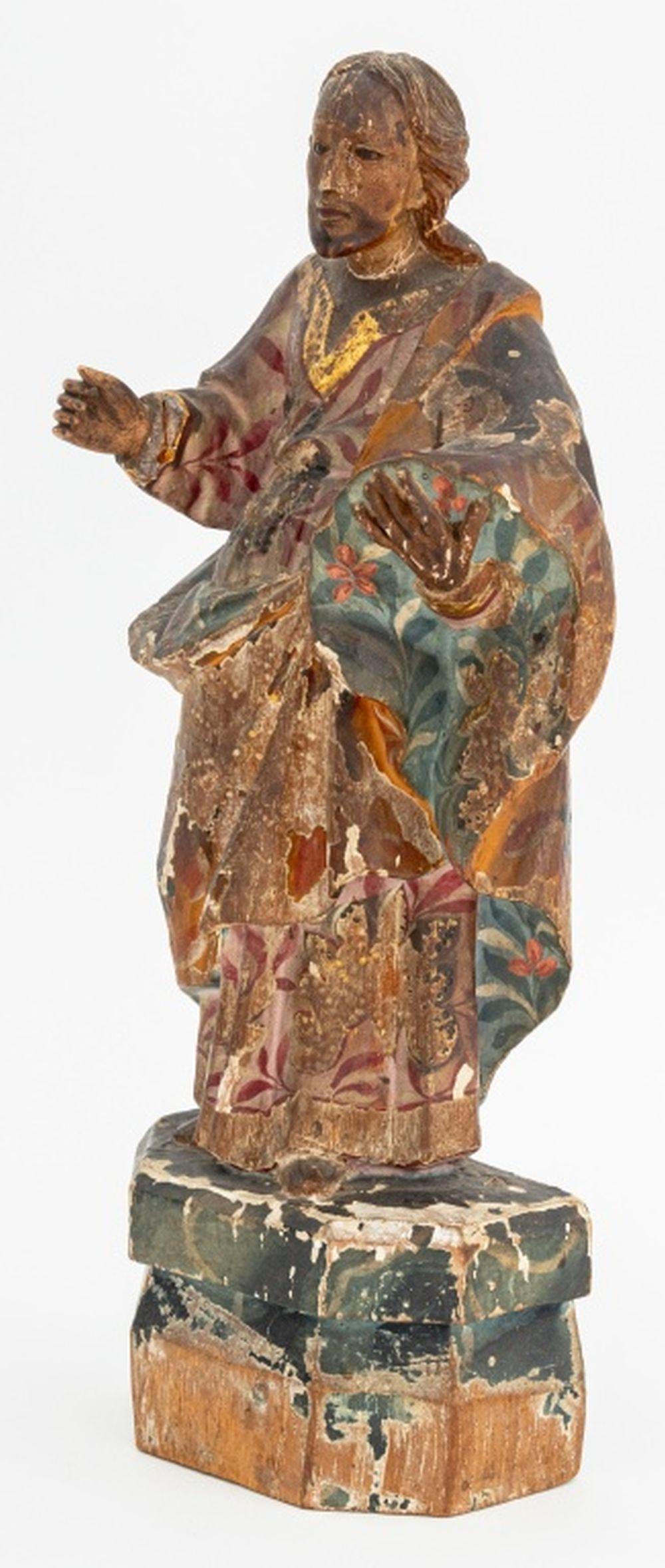Spanish Colonial Standing Saint Painted & Carved Wood Sculpture For Sale