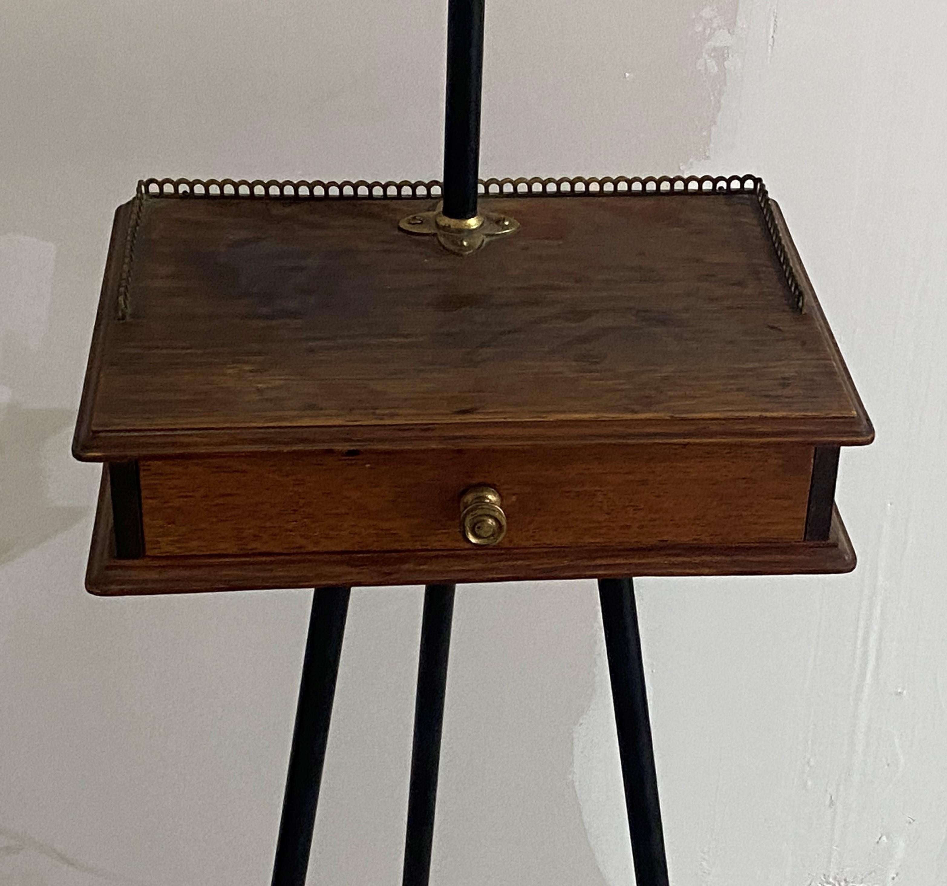 Standing shaving mirror, rosewood, bronze gallery and iron base. Can be shipped in a box with some difficulty. Likely french, drawer in skirt. A very nice thing at a very good price.