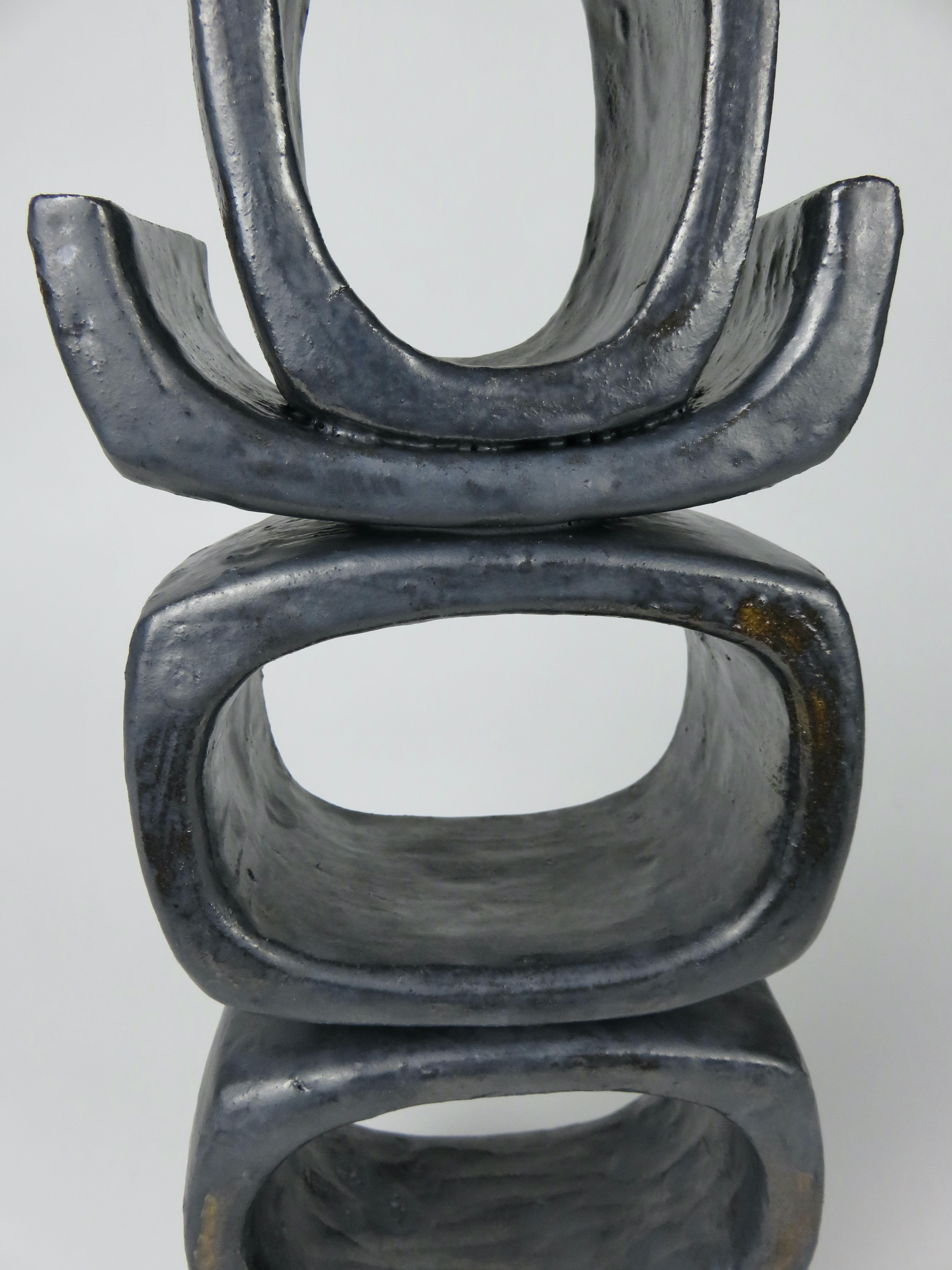 3 Rectangular Ovals, Short Angled Legs, Metallic Black-Glazed Clay Sculpture #1 4