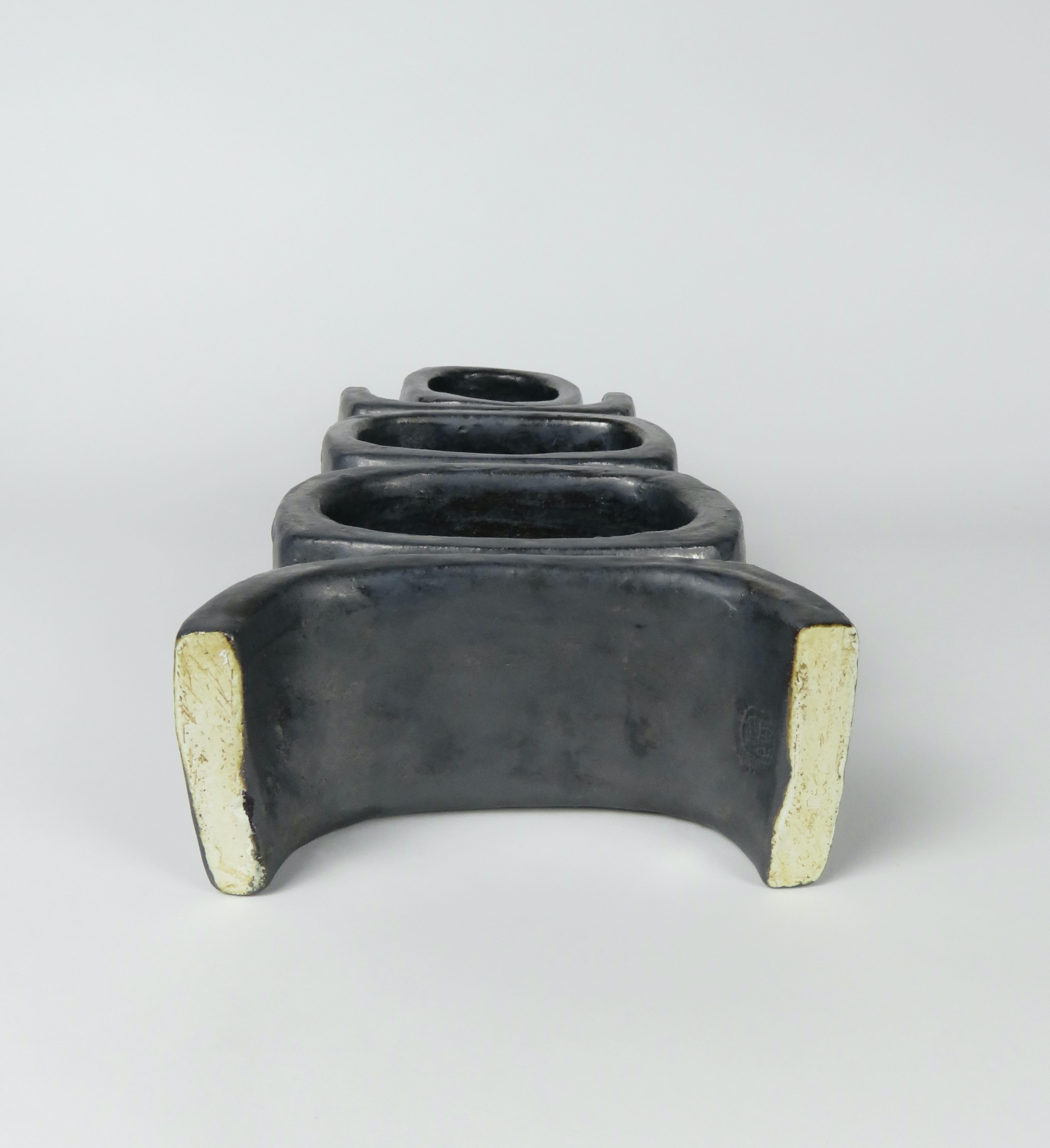 3 Rectangular Ovals, Short Angled Legs, Metallic Black-Glazed Clay Sculpture #1 5