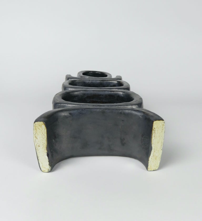 3 Rectangular Ovals, Short Angled Legs, Metallic Black-Glazed Clay Sculpture #1 For Sale 5