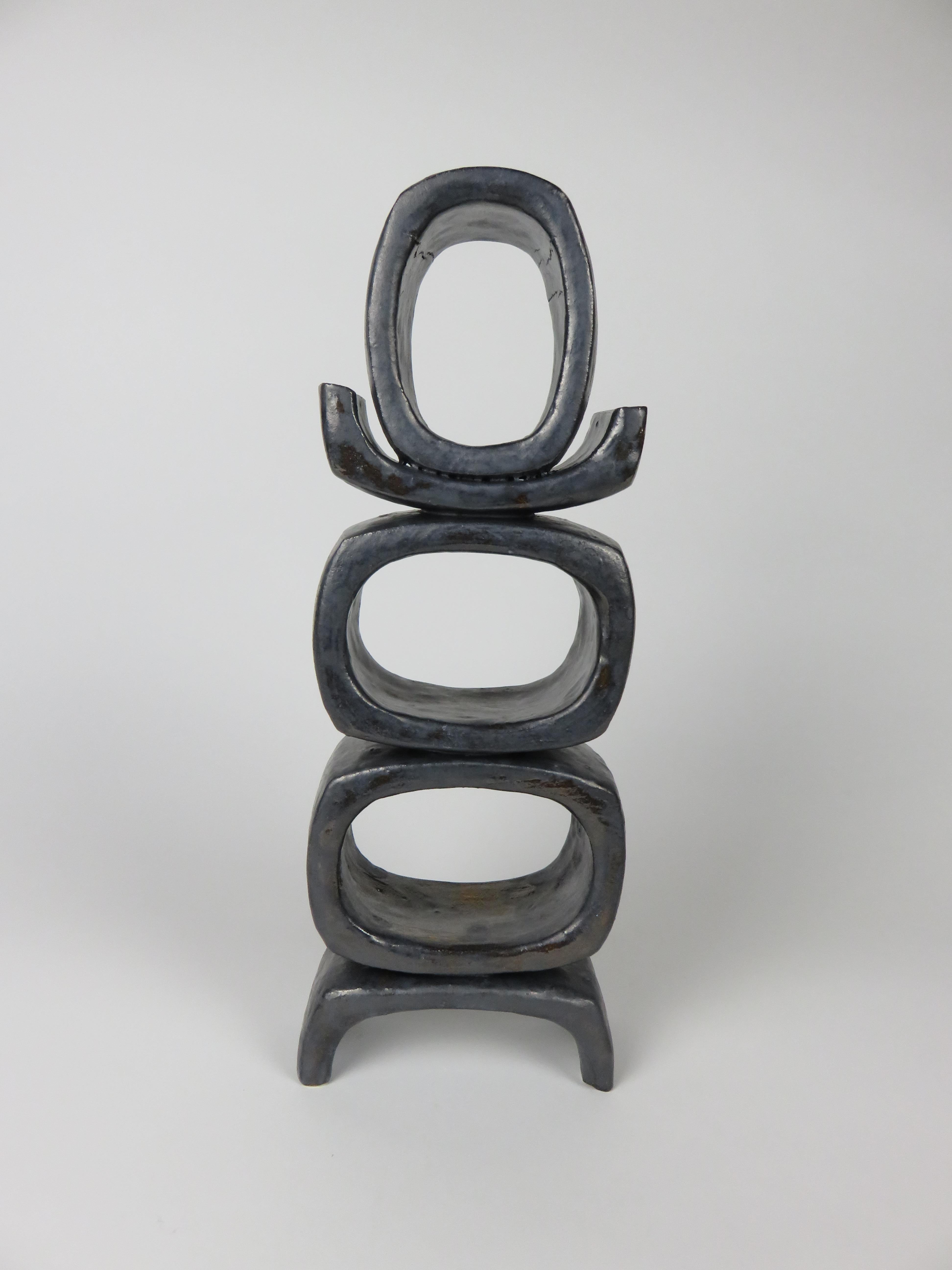 Organic Modern 3 Rectangular Ovals, Short Angled Legs, Metallic Black-Glazed Clay Sculpture #1