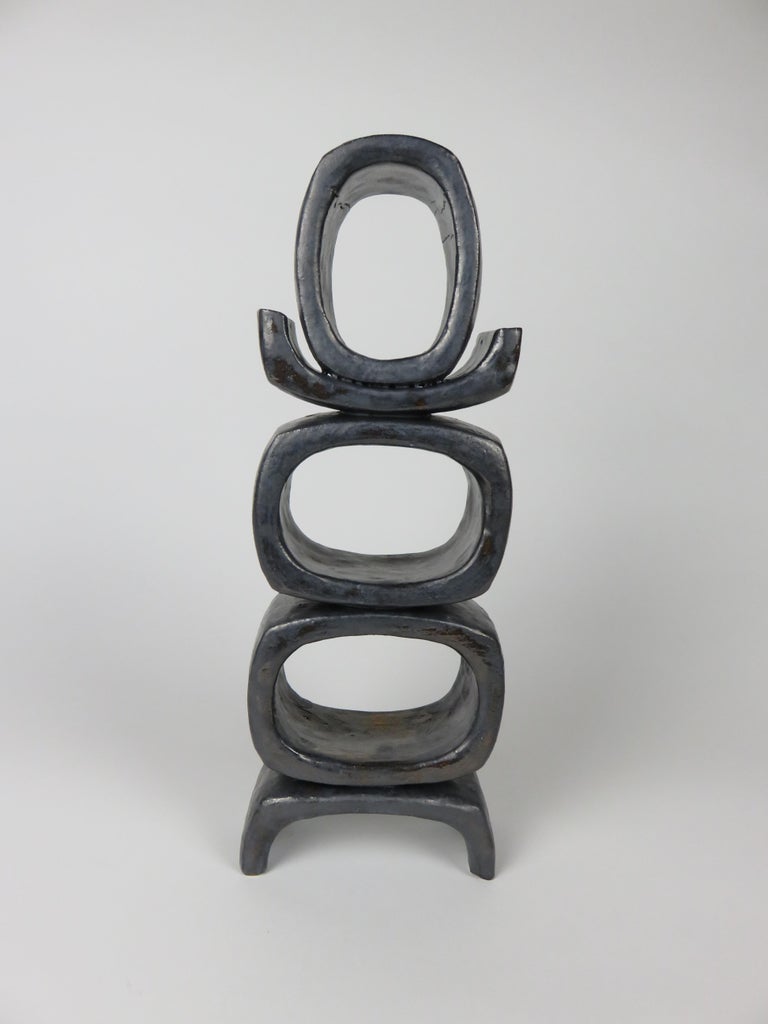 Organic Modern 3 Rectangular Ovals, Short Angled Legs, Metallic Black-Glazed Clay Sculpture #1 For Sale