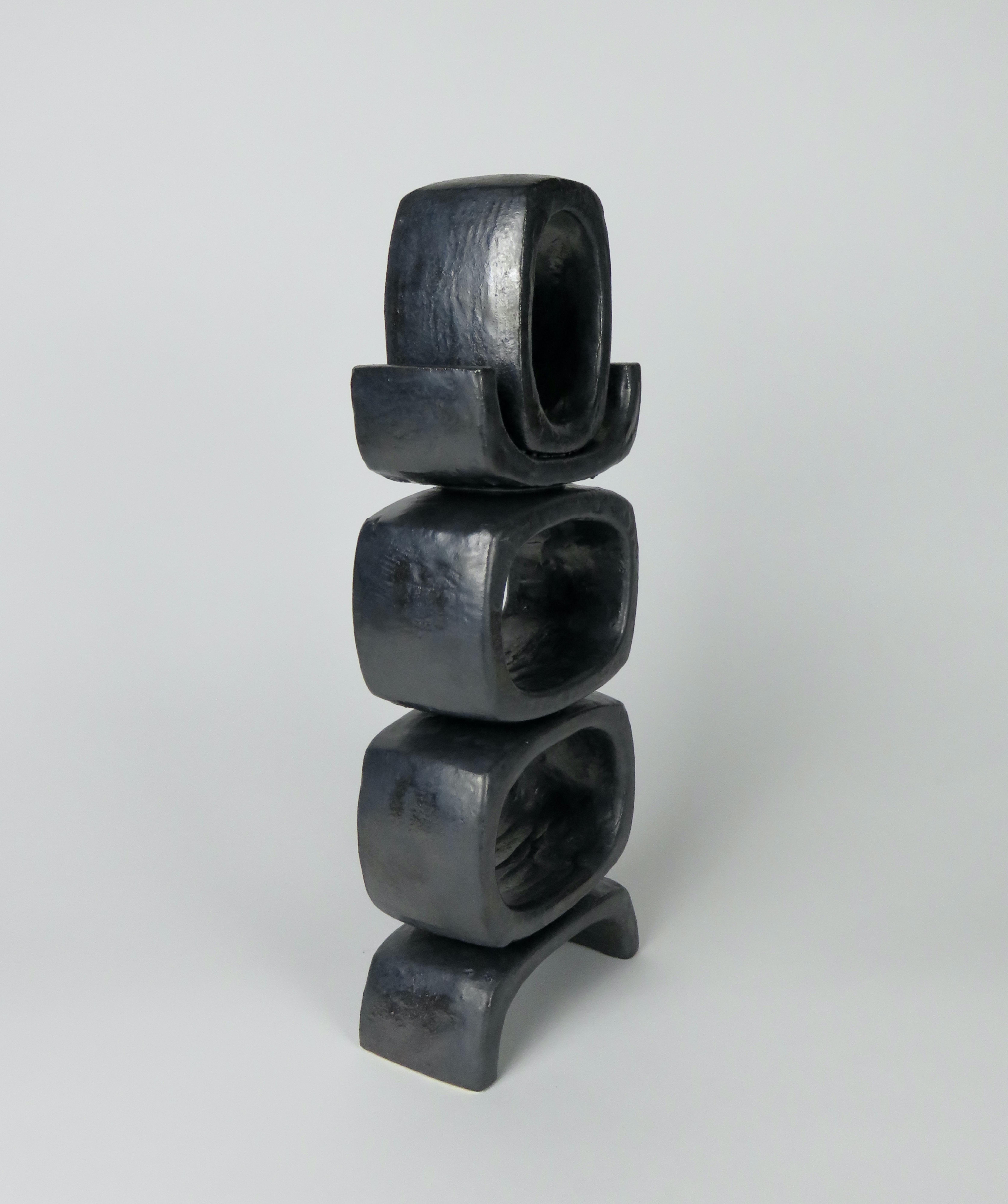 American 3 Rectangular Ovals, Short Angled Legs, Metallic Black-Glazed Clay Sculpture #1