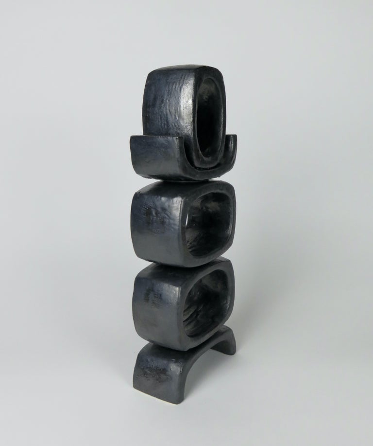 American 3 Rectangular Ovals, Short Angled Legs, Metallic Black-Glazed Clay Sculpture #1 For Sale