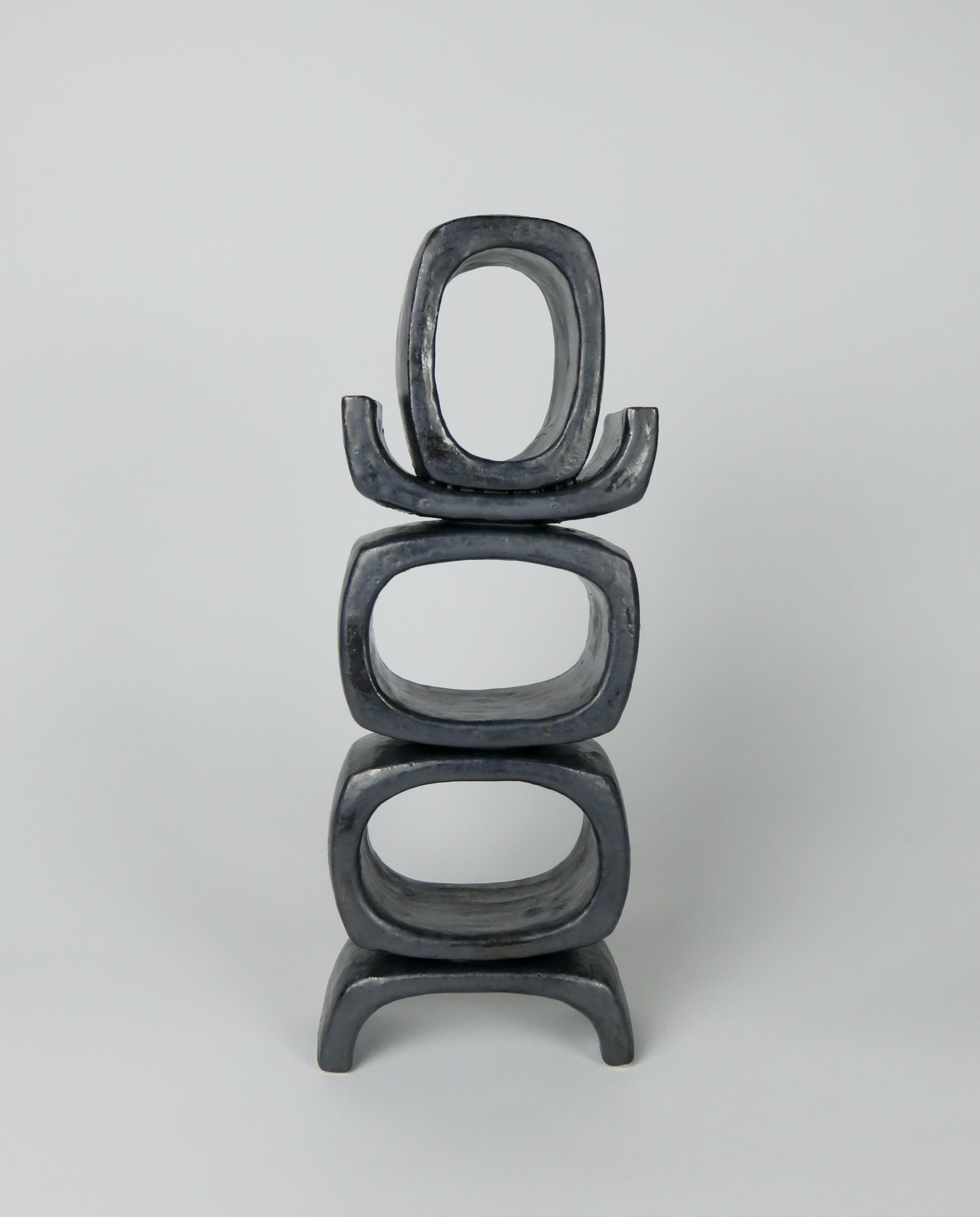 3 Rectangular Ovals, Short Angled Legs, Metallic Black-Glazed Clay Sculpture #1 In New Condition In New York, NY