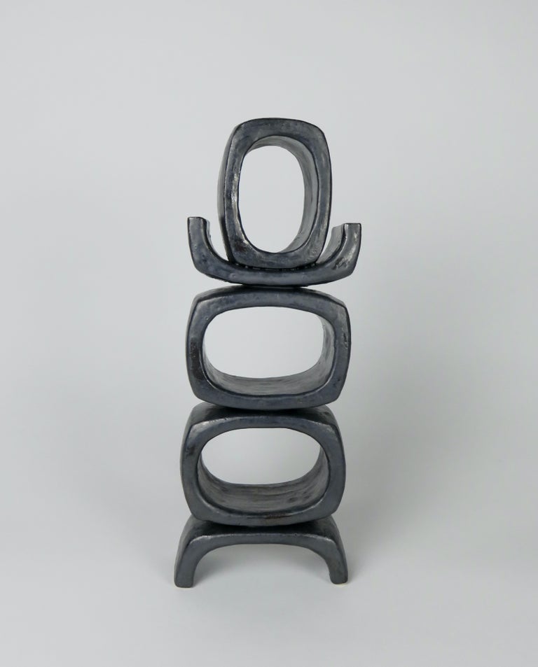 3 Rectangular Ovals, Short Angled Legs, Metallic Black-Glazed Clay Sculpture #1 In New Condition For Sale In New York, NY