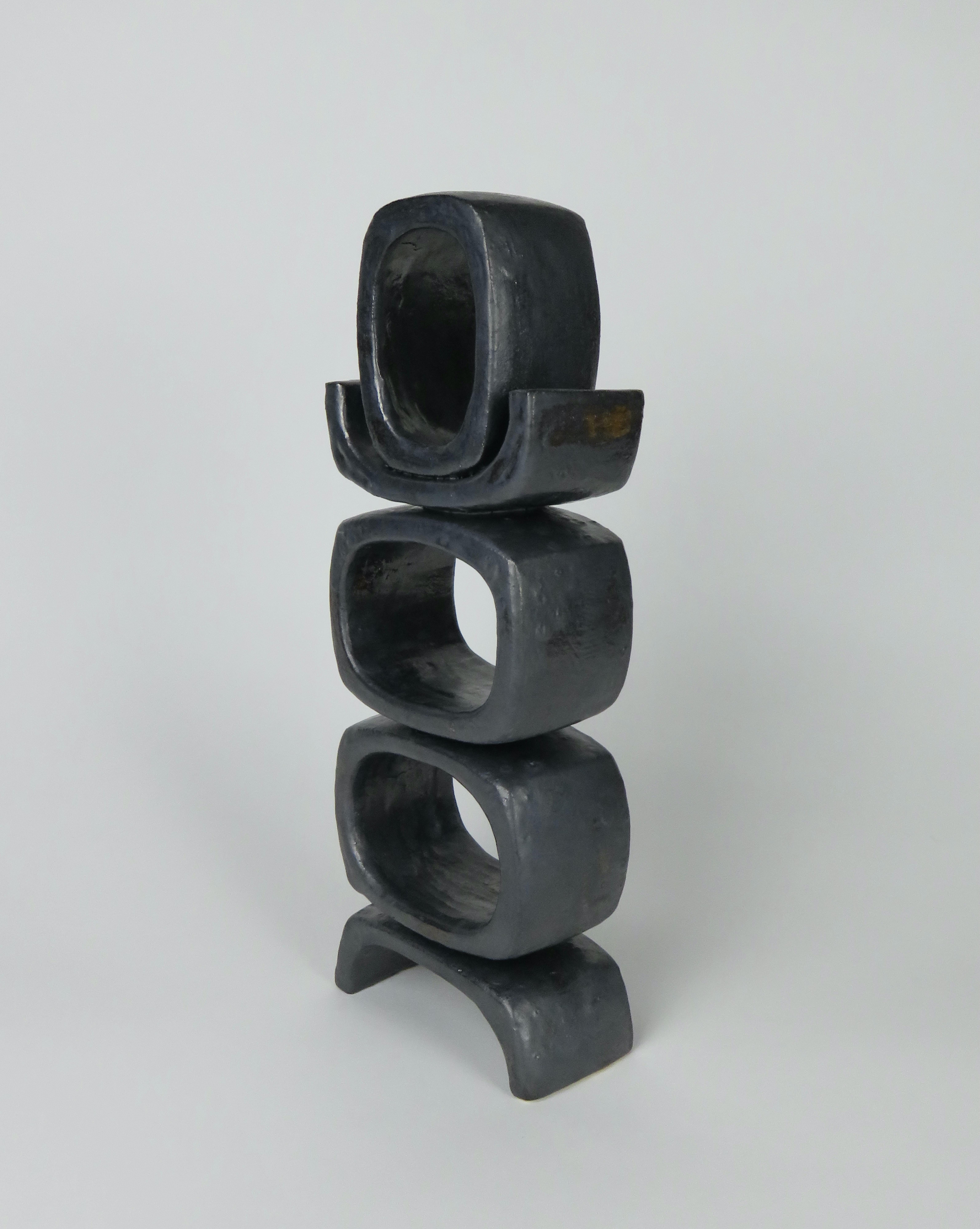 Contemporary 3 Rectangular Ovals, Short Angled Legs, Metallic Black-Glazed Clay Sculpture #1