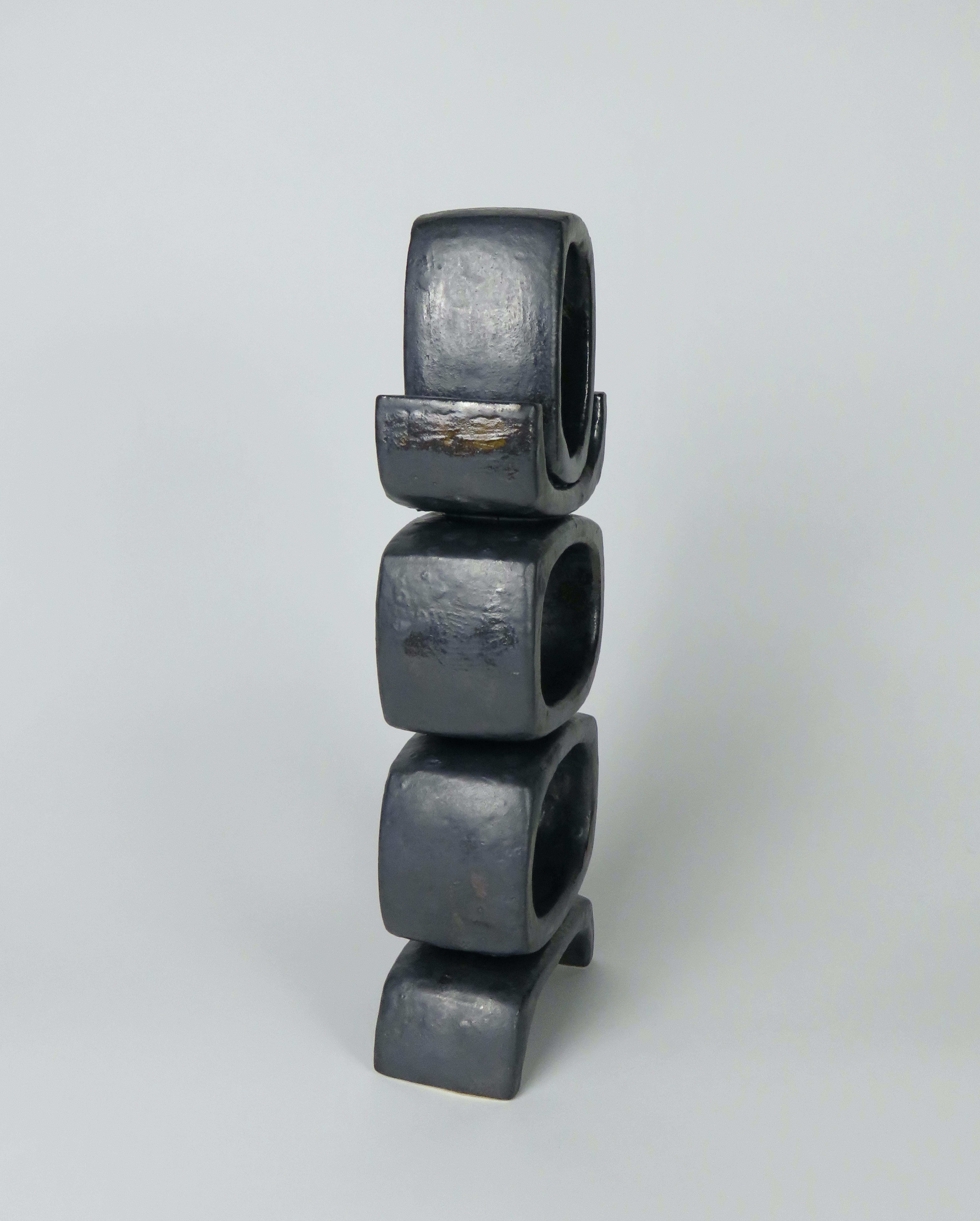 Ceramic 3 Rectangular Ovals, Short Angled Legs, Metallic Black-Glazed Clay Sculpture #1