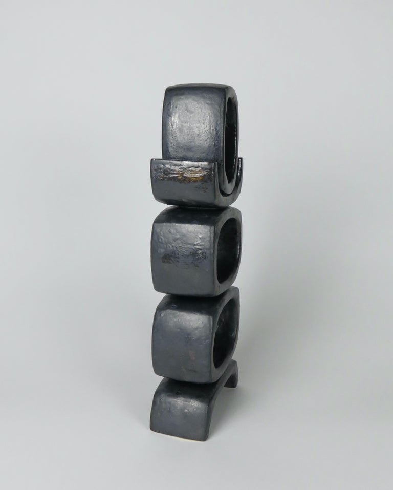 Ceramic 3 Rectangular Ovals, Short Angled Legs, Metallic Black-Glazed Clay Sculpture #1 For Sale