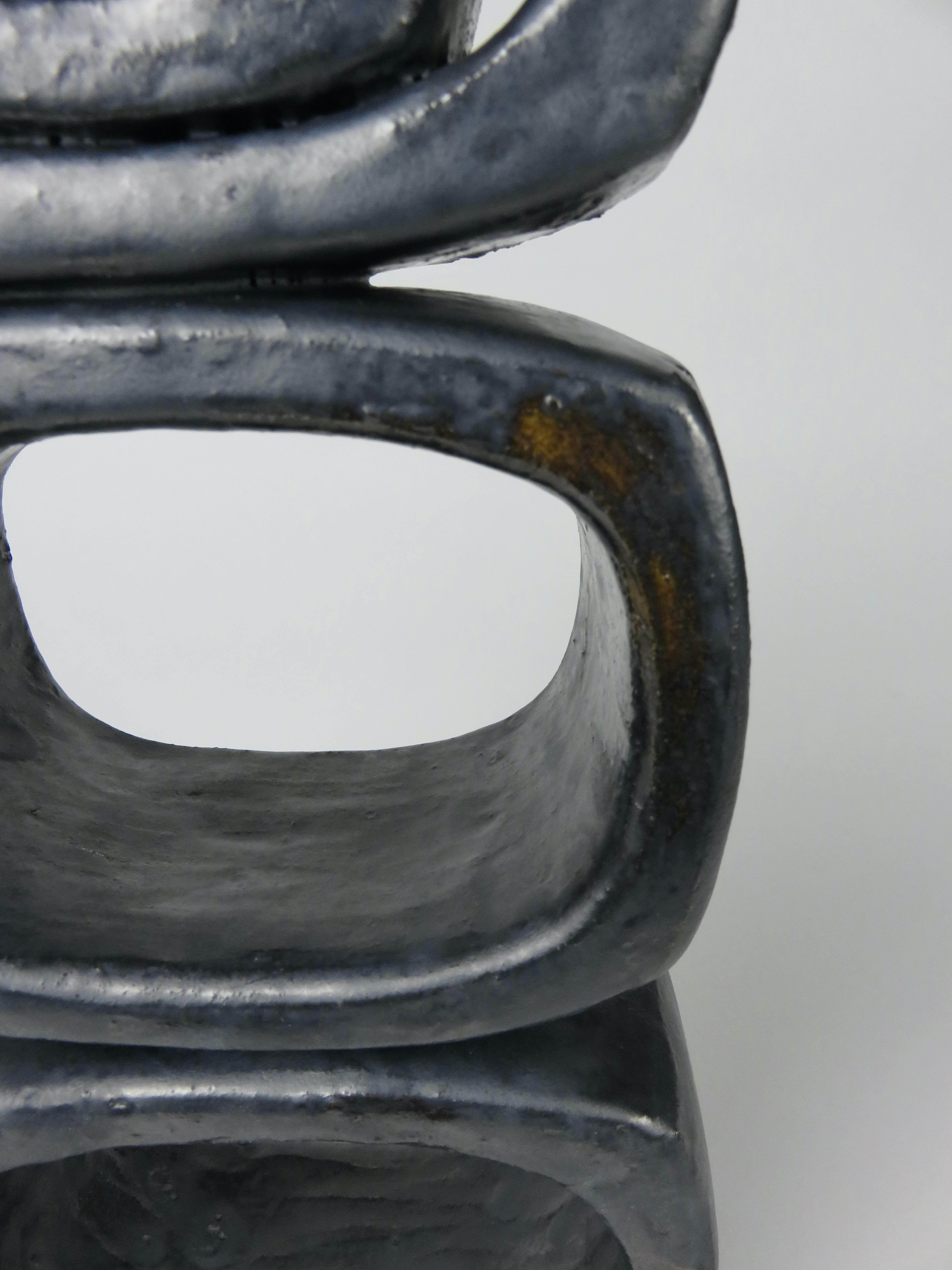 3 Rectangular Ovals, Short Angled Legs, Metallic Black-Glazed Clay Sculpture #1 1