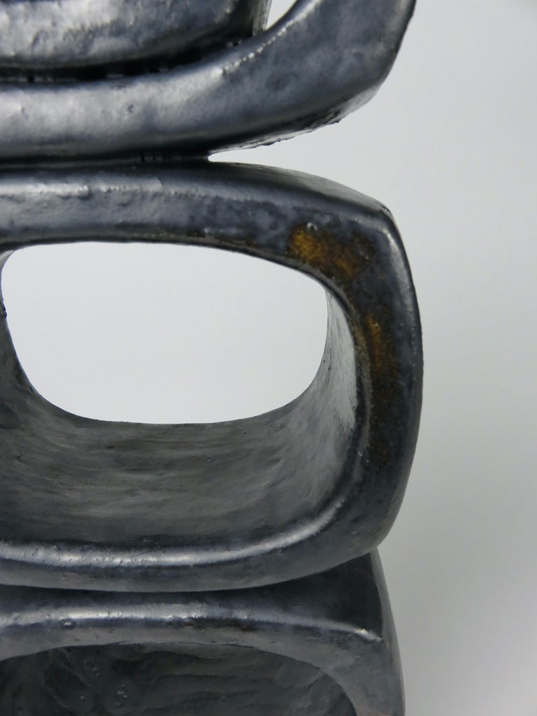 3 Rectangular Ovals, Short Angled Legs, Metallic Black-Glazed Clay Sculpture #1 For Sale 1