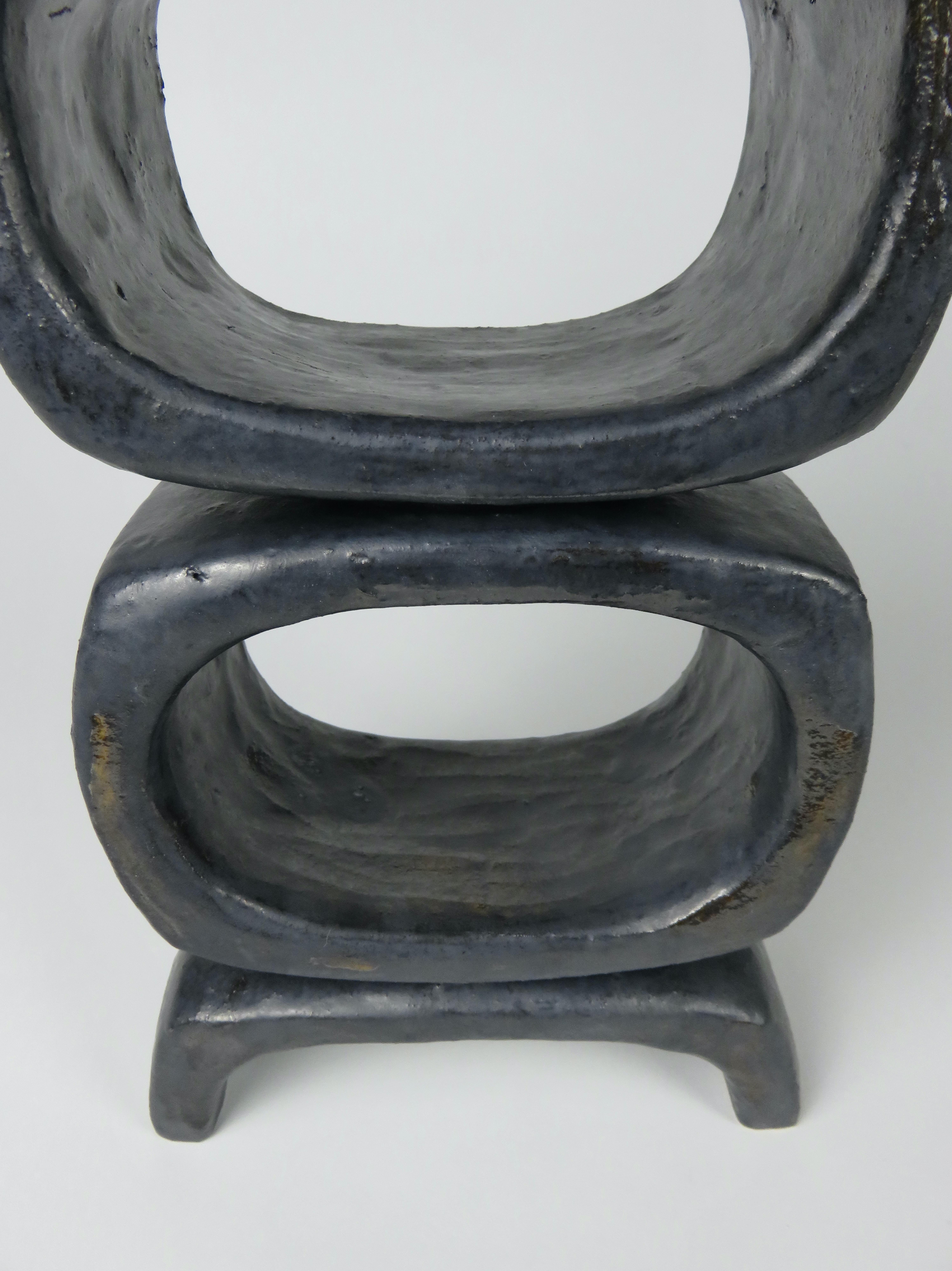 3 Rectangular Ovals, Short Angled Legs, Metallic Black-Glazed Clay Sculpture #1 2