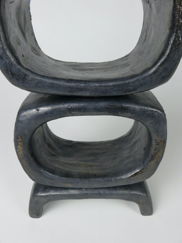 3 Rectangular Ovals, Short Angled Legs, Metallic Black-Glazed Clay Sculpture #1 For Sale 2