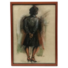 Vintage Standing Woman Back Turned Oil Painting on Linen Canvas by James Carlin