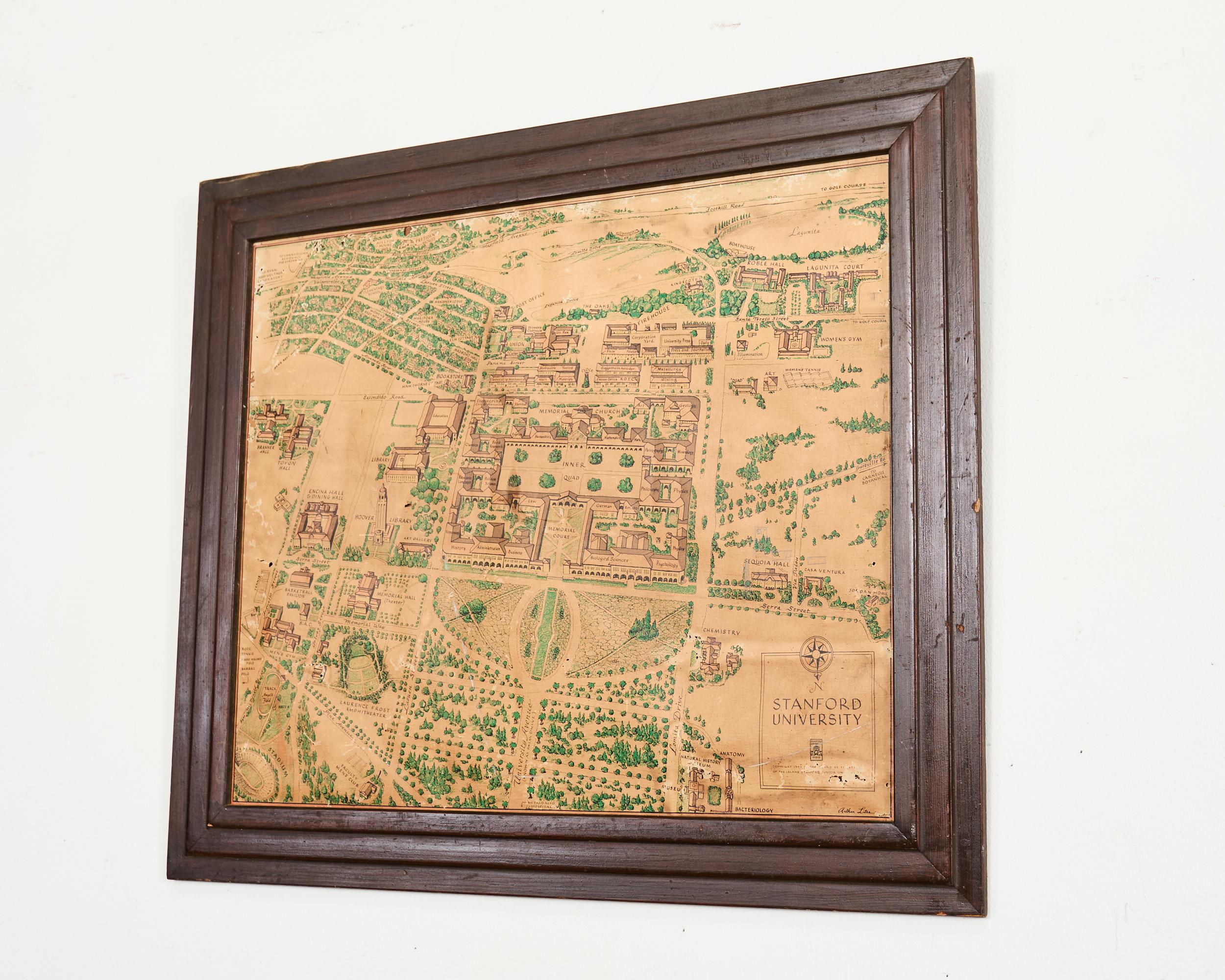 Folk Art Stanford University Weathered Hand-Colored Map 1943 For Sale