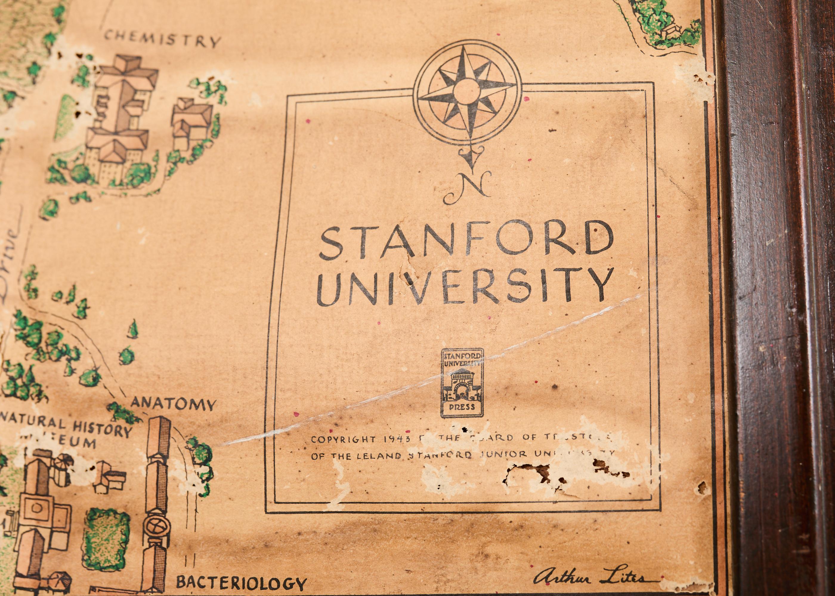 American Stanford University Weathered Hand-Colored Map 1943 For Sale