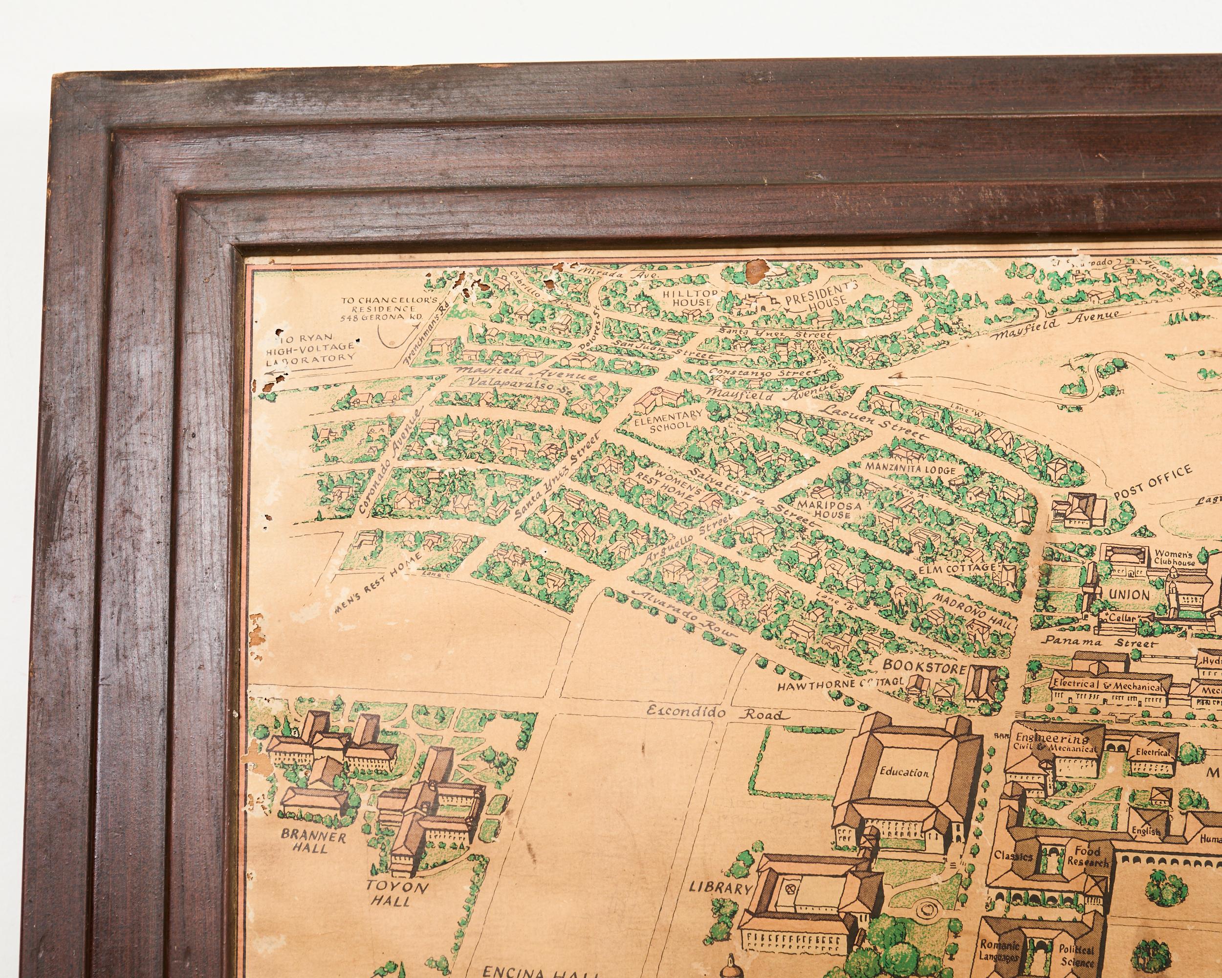 Hand-Crafted Stanford University Weathered Hand-Colored Map 1943 For Sale