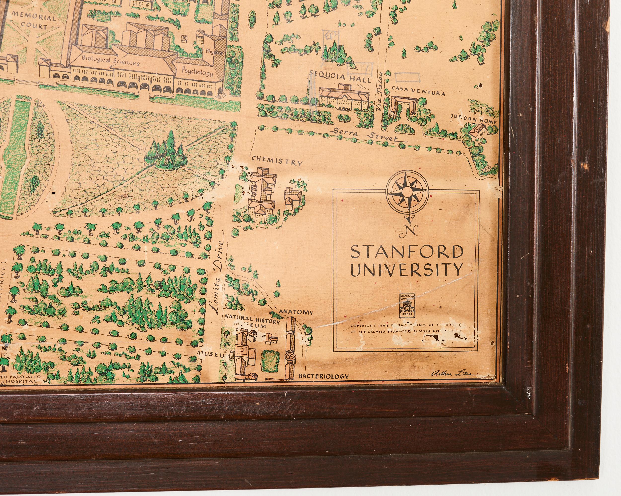 Wood Stanford University Weathered Hand-Colored Map 1943 For Sale