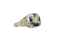 Antique Blue Sapphire Diamond White Gold Art Deco, Stange Co., circa 1920s, Ring