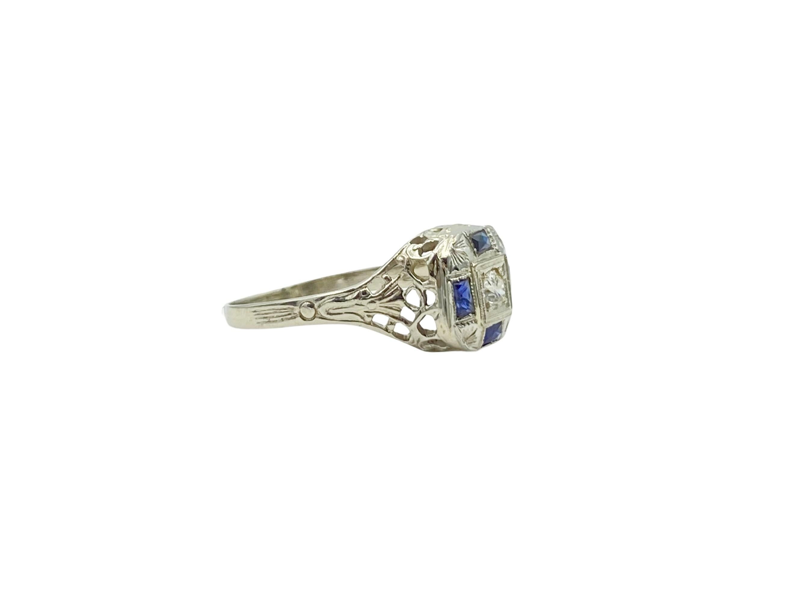 Old European Cut Stange Co. Antique Blue Sapphire Diamond White Gold Art Deco, circa 1920s, Ring For Sale