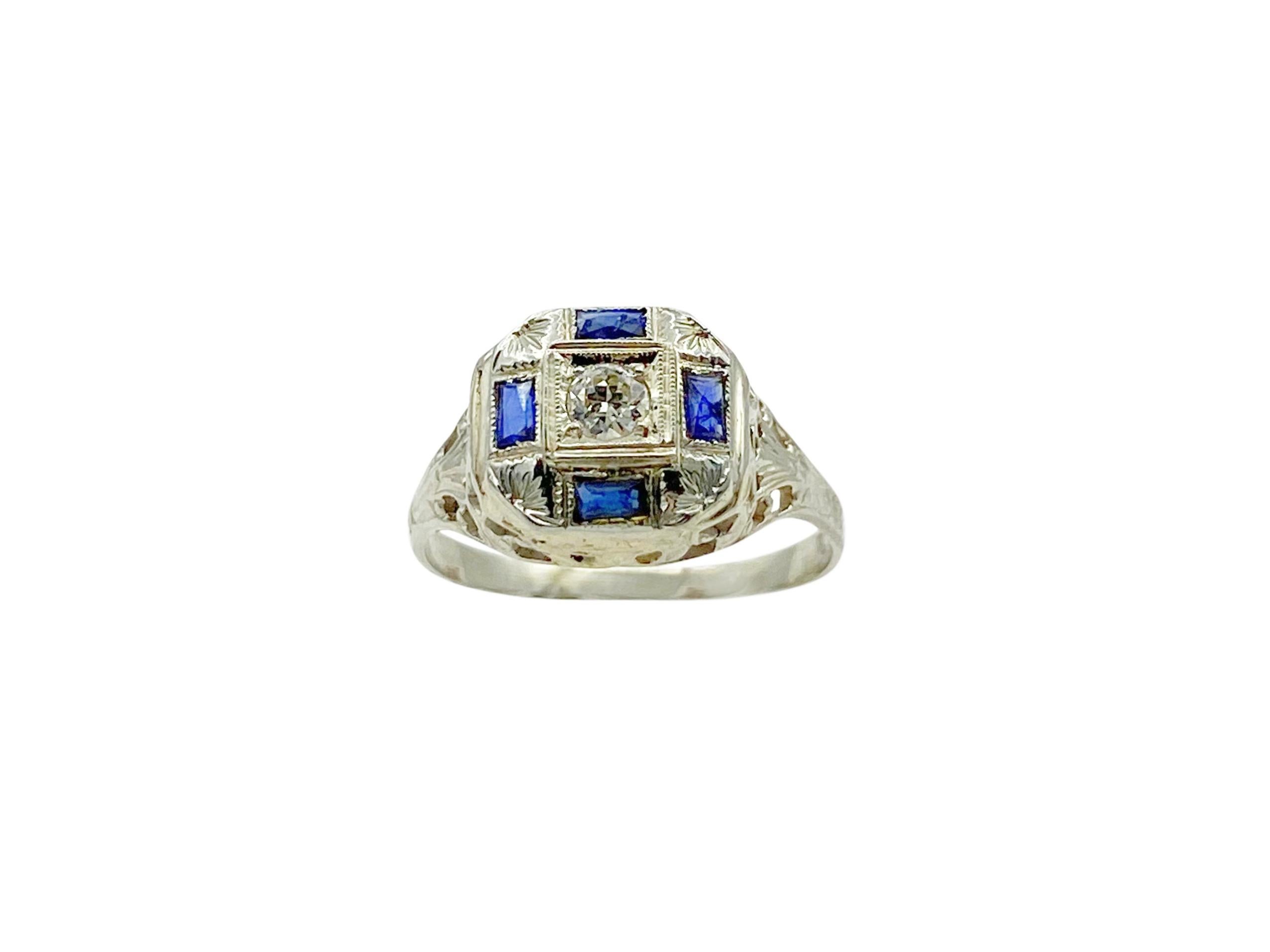 Stange Co. Antique Blue Sapphire Diamond White Gold Art Deco, circa 1920s, Ring In Good Condition For Sale In North Attleboro, MA