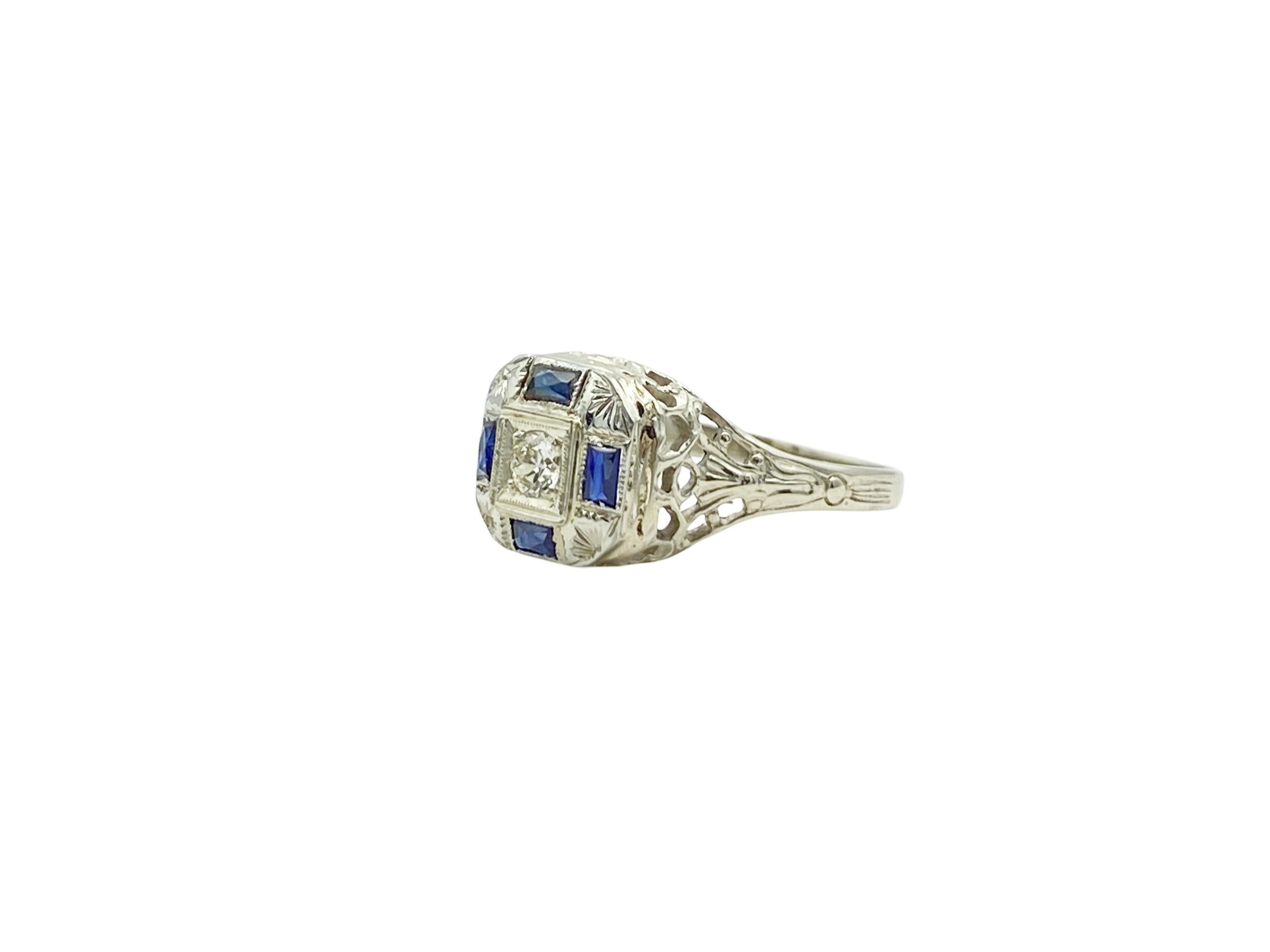 Stange Co. Antique Blue Sapphire Diamond White Gold Art Deco, circa 1920s, Ring For Sale 1