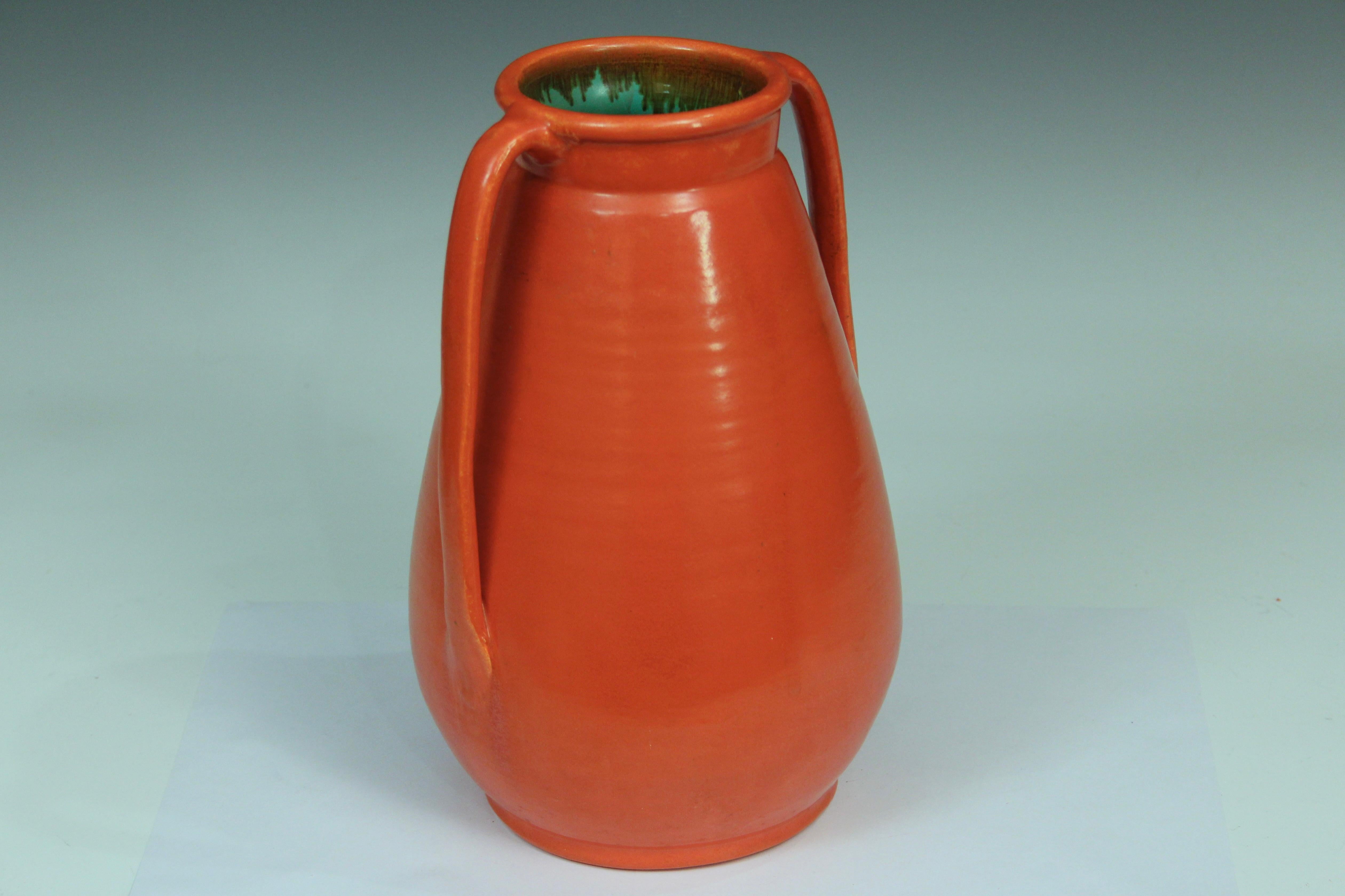 Turned Stangl Pottery Vase Art Deco Chrome Orange Red Vintage Large American