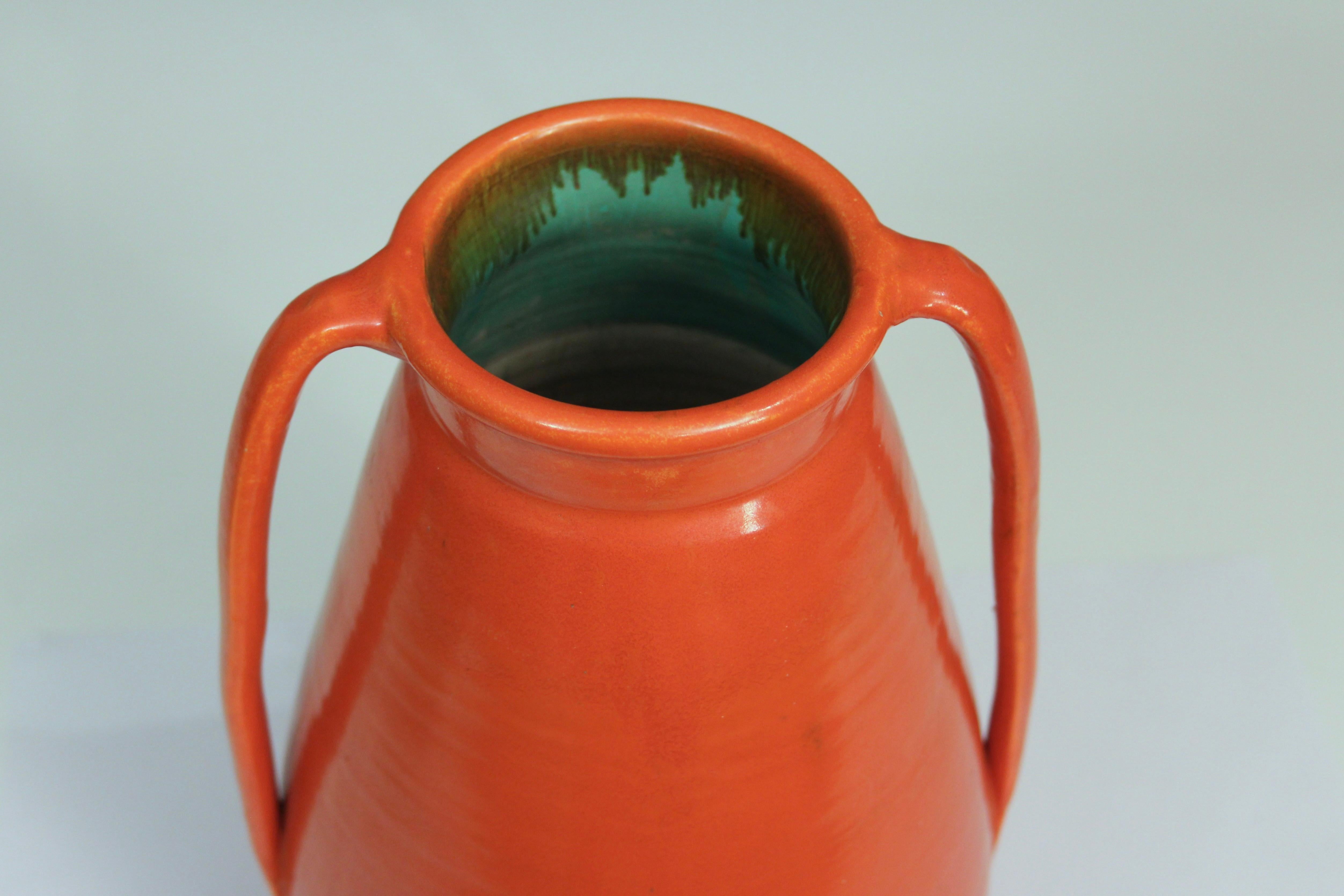 Stangl Pottery Vase Art Deco Chrome Orange Red Vintage Large American 2