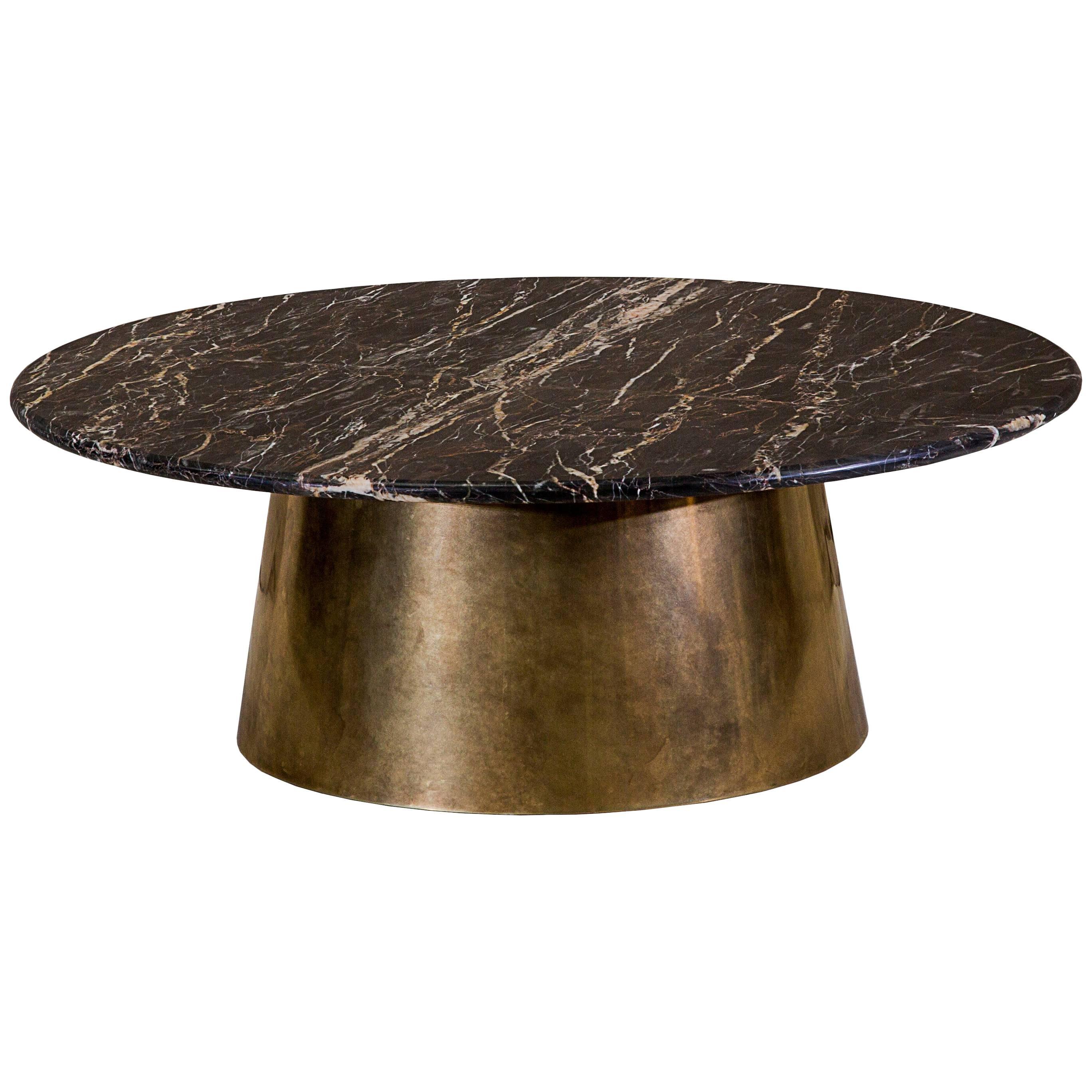 Stanhope Coffee Table, Large, Circular Brass Base, Rare British Marble Top For Sale