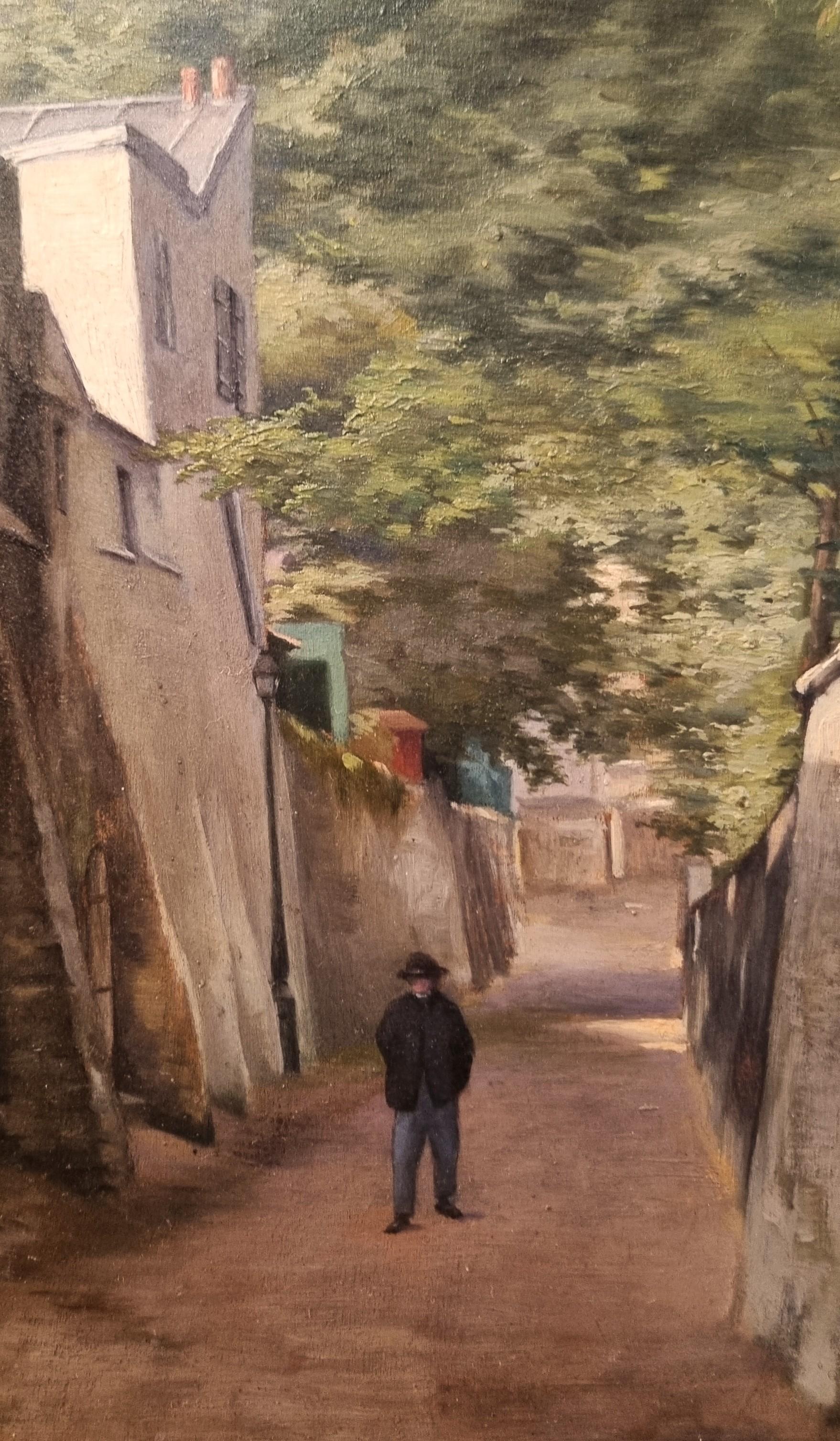 Stanislas Lépine (Kreis der)
Caen, 1835 - Paris, 1892
Rue Saint Vincent in Montmartre
Öl auf Holzplatte
39 x 27 cm (43 x 31 cm mit Rahmen)
Rückseitig Stempel des Leinwandhändlers Pignel Dupont (tätig in Paris zwischen 1885 und 1895)
Sehr guter