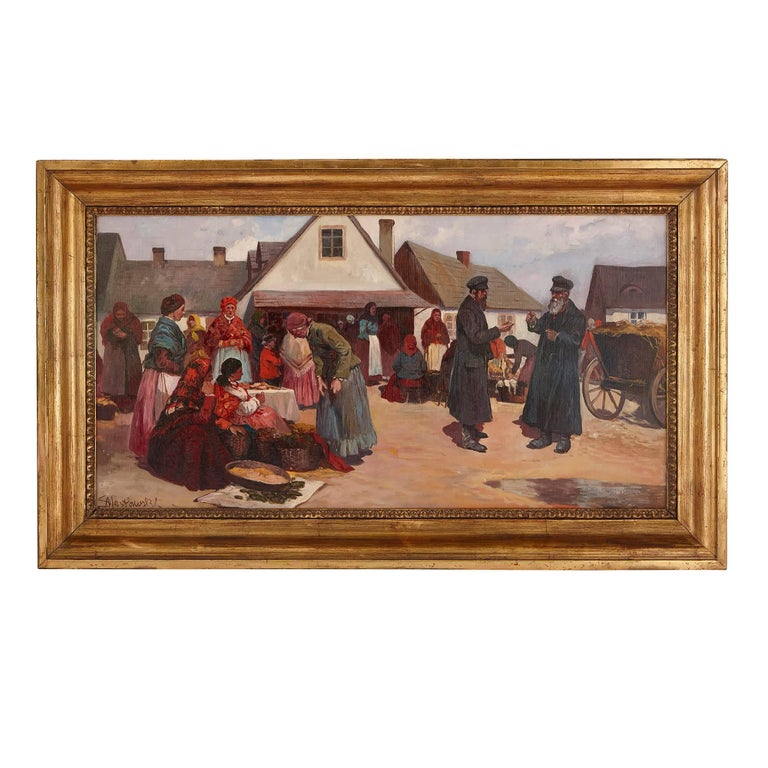 'Market Day in Galicia', oil painting of a Jewish shtetl 1