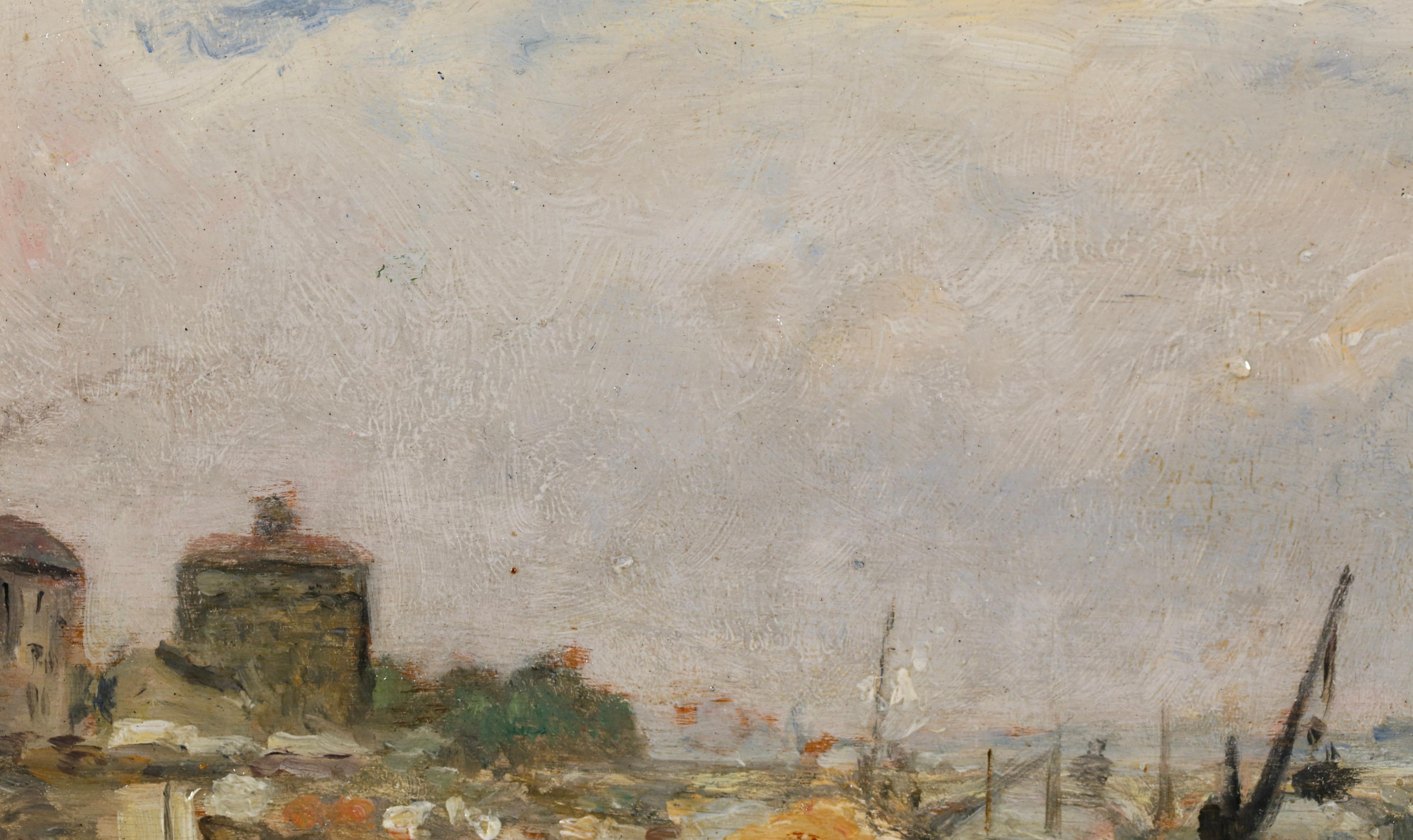 Construction du quai - Paesaggio impressionista dipinto a olio da Stanislas Lepine in vendita 5
