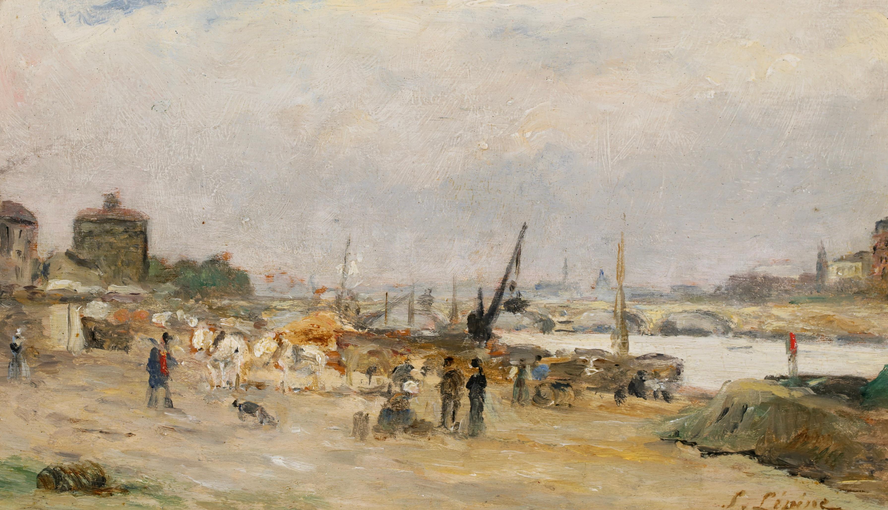 Construction du quai - Paesaggio impressionista dipinto a olio da Stanislas Lepine - Painting di Stanislas Victor Édouard Lépine